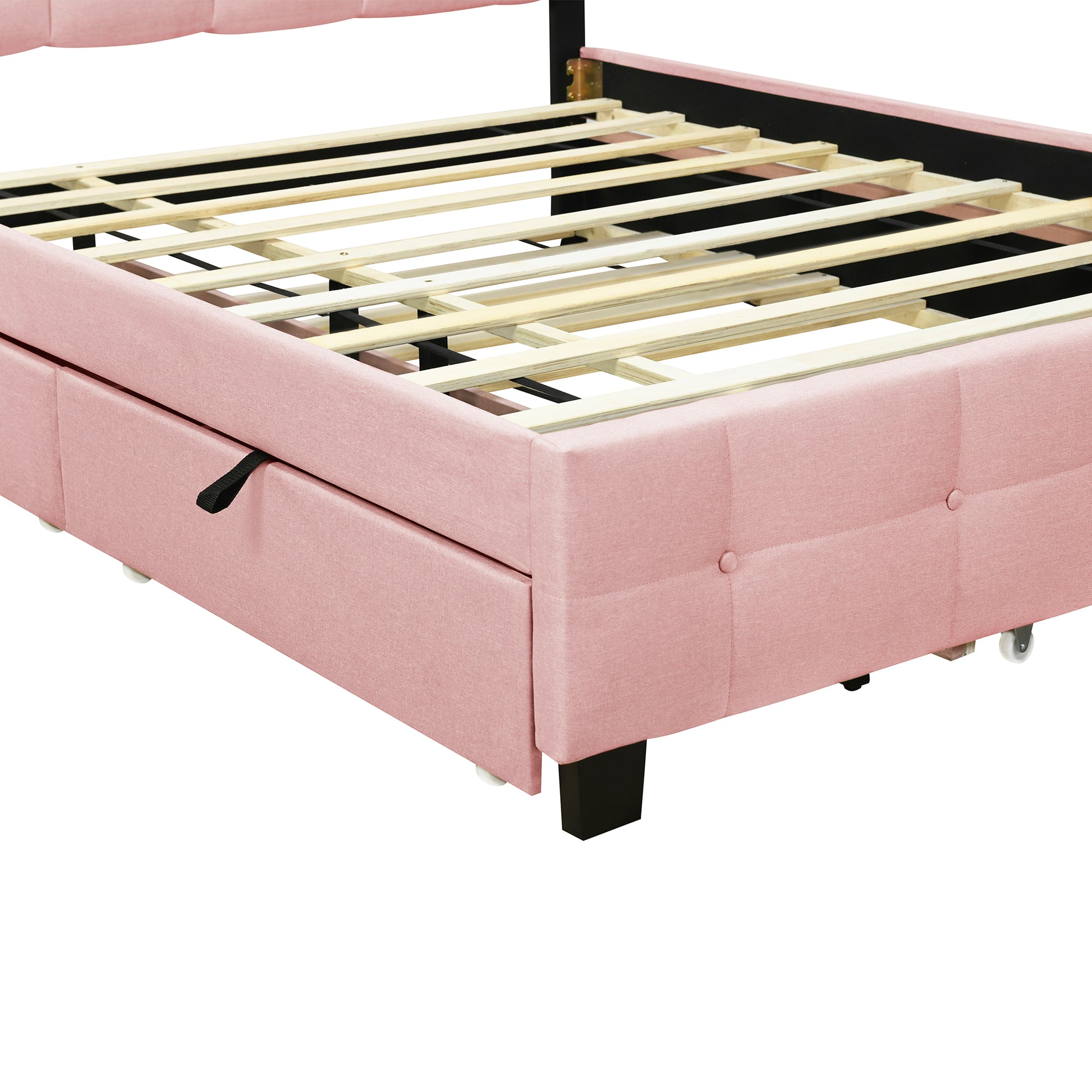Queen Size Upholstered Platform Bed With Led Frame, With Twin Xl Size Trundle And 2 Drawers, Linen Fabric, Pink Pink Linen