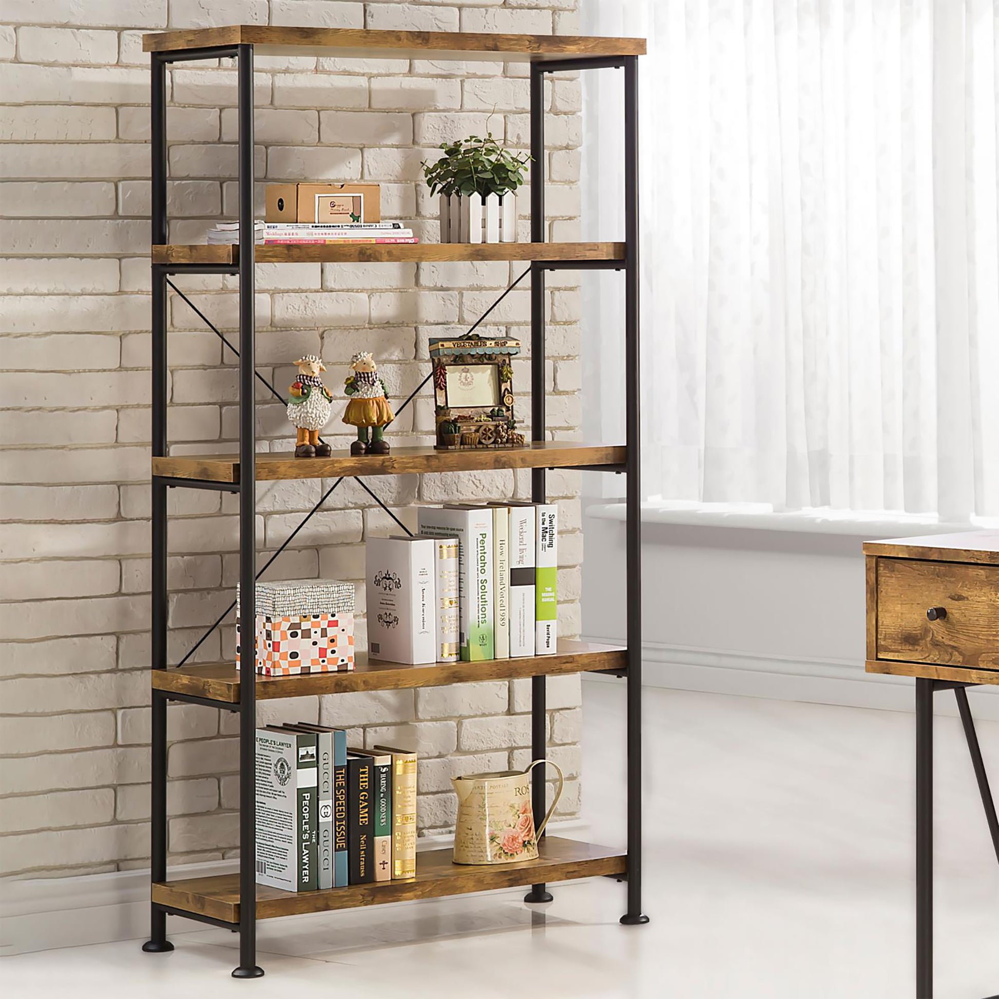 Antique Nutmeg And Black 4 Shelf Bookcase 4 Brown Brown Standard Vertical Office Open Back Wood Farmhouse,Rustic Wood