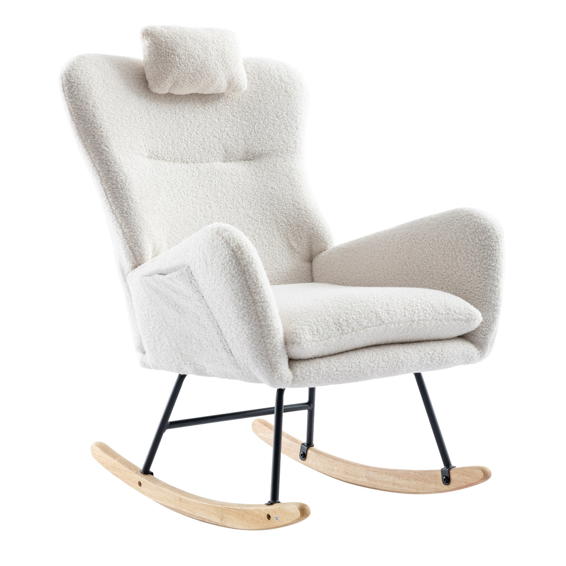 35.5 Inch Rocking Chair With Pocket, Soft Teddy Fabric Rocking Chair For Nursery, Comfy Wingback Glider Rocker With Safe Solid Wood Base For Living Room Bedroom Balcony White White Casual Foam Teddy