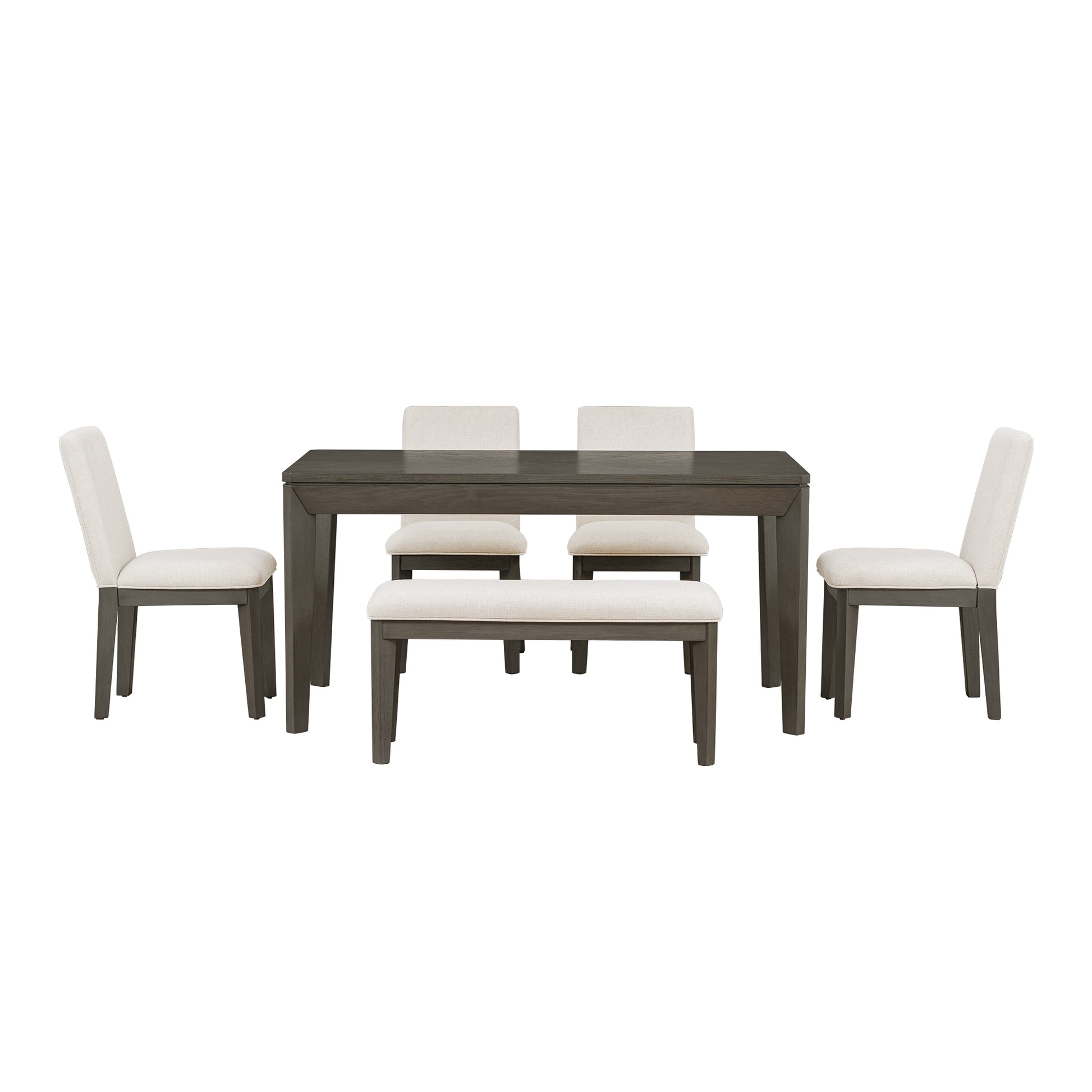 6 Piece Dining Table Set With Upholstered Dining Chairs And Bench,Farmhouse Style, Tapered Legs, Dark Gray Beige Gray Wood Dining Room Bench Seating Rubberwood Rectangular Dining Table With Chair And Bench Upholstered Chair Wood Beige Grey Solid Back