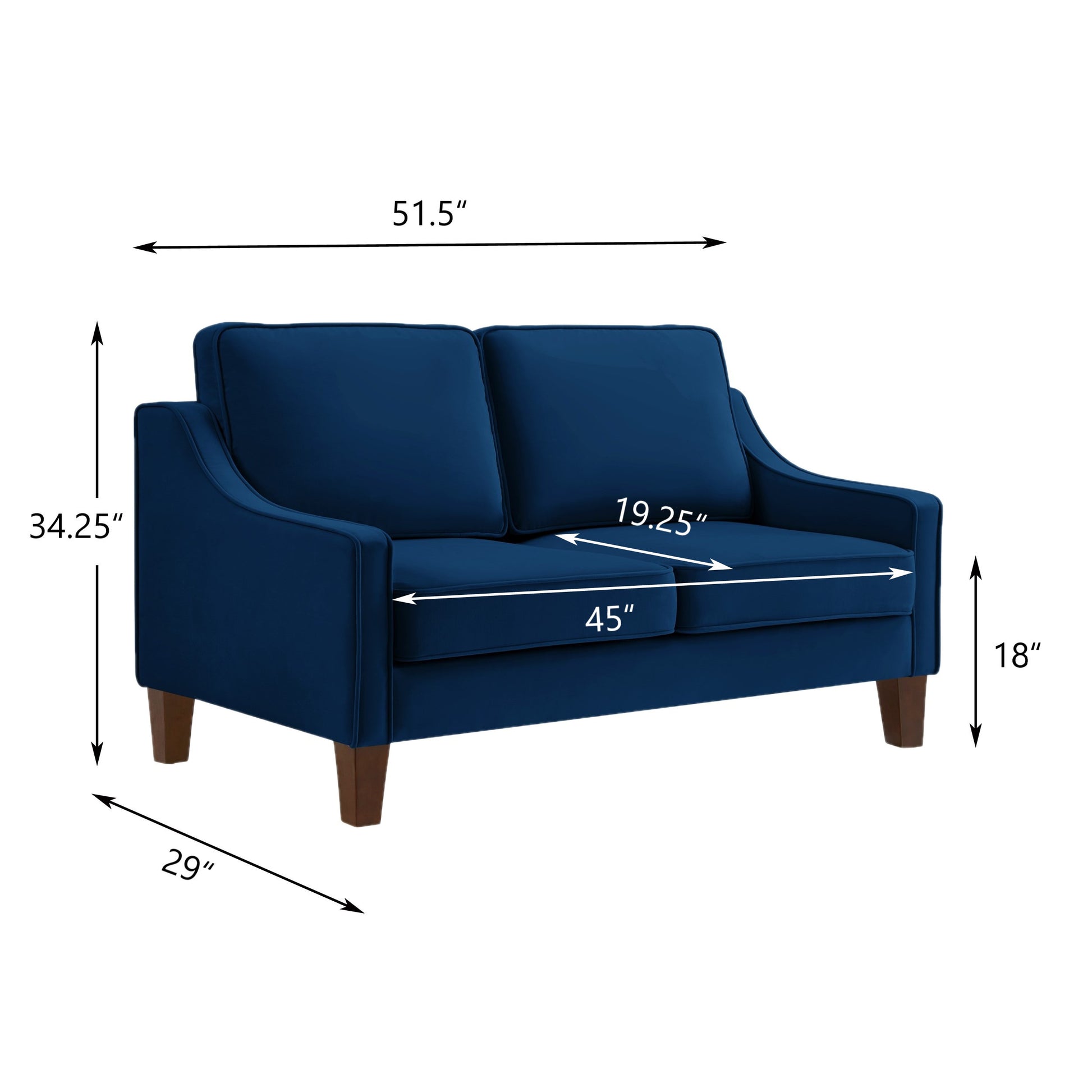 Modern Loveseat Sofa For Living Room, Upholstered Velvet Small Couch With Wooden Legs For Livingroom Bedroom, Navy Navy Espresso Velvet Wood Primary Living Space Medium Soft Cushion Back American Design Rubberwood Square Arms Foam Velvet 2 Seat