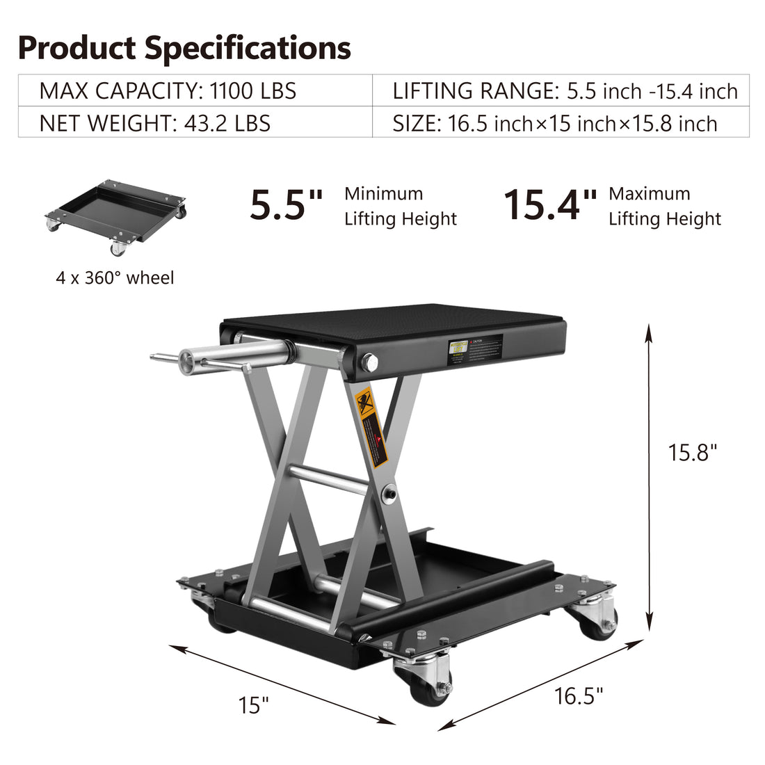 Motorcycle Lift Scissor Jack Steel Wide Deck Hoist Crank Center Stand 1100 Lbs Capacity For Motorcycles, Atvs, Dirt Bikes Black And Silver Steel