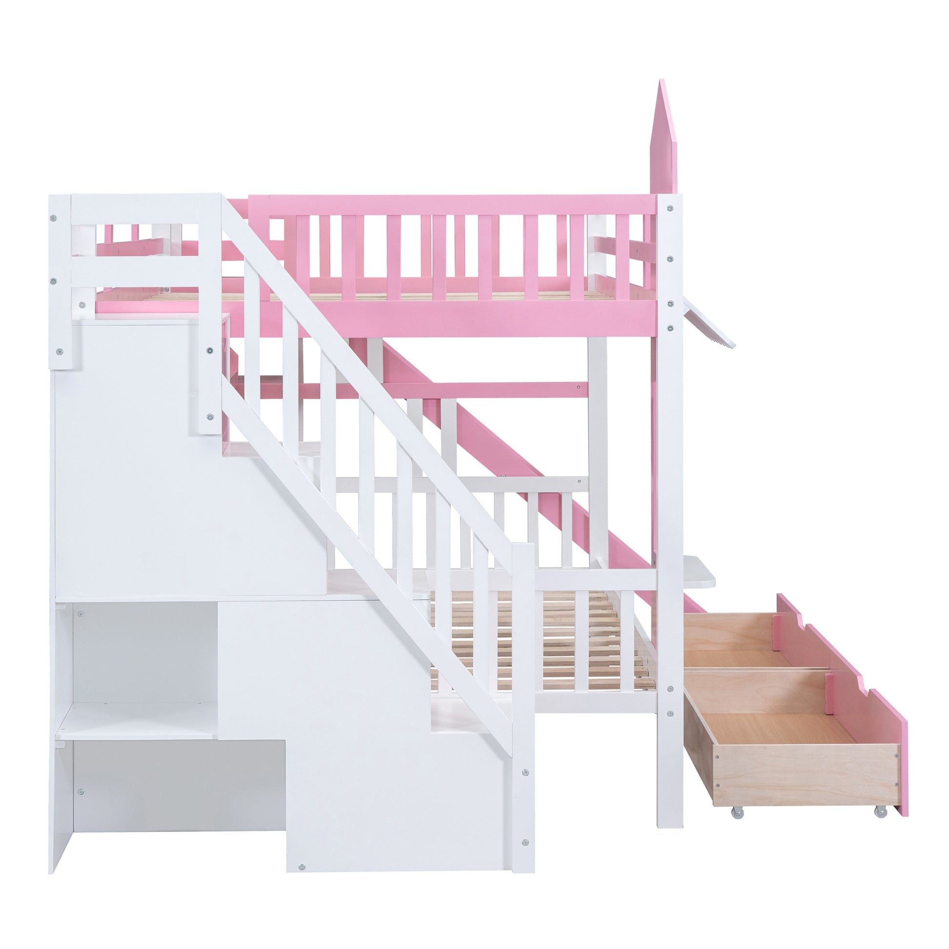 Full Over Full Castle Style Bunk Bed With 2 Drawers 3 Shelves And Slide Pink Pink Solid Wood