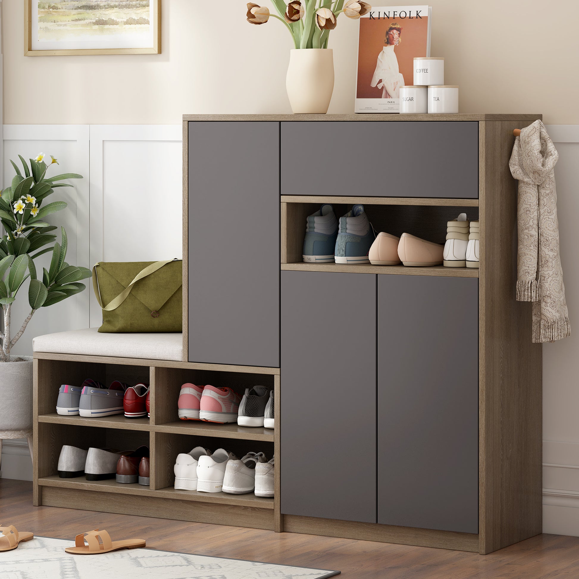 2 In 1 Shoe Storage Bench & Shoe Cabinets, Multi Functional Shoe Rack With Padded Seat, Versatile Shoe Storage Solution With Adjustable Shelves For Hallway, Grey 5 Or More Spaces Dark Grey Primary Living Space Adjustable Shelves Particle Board