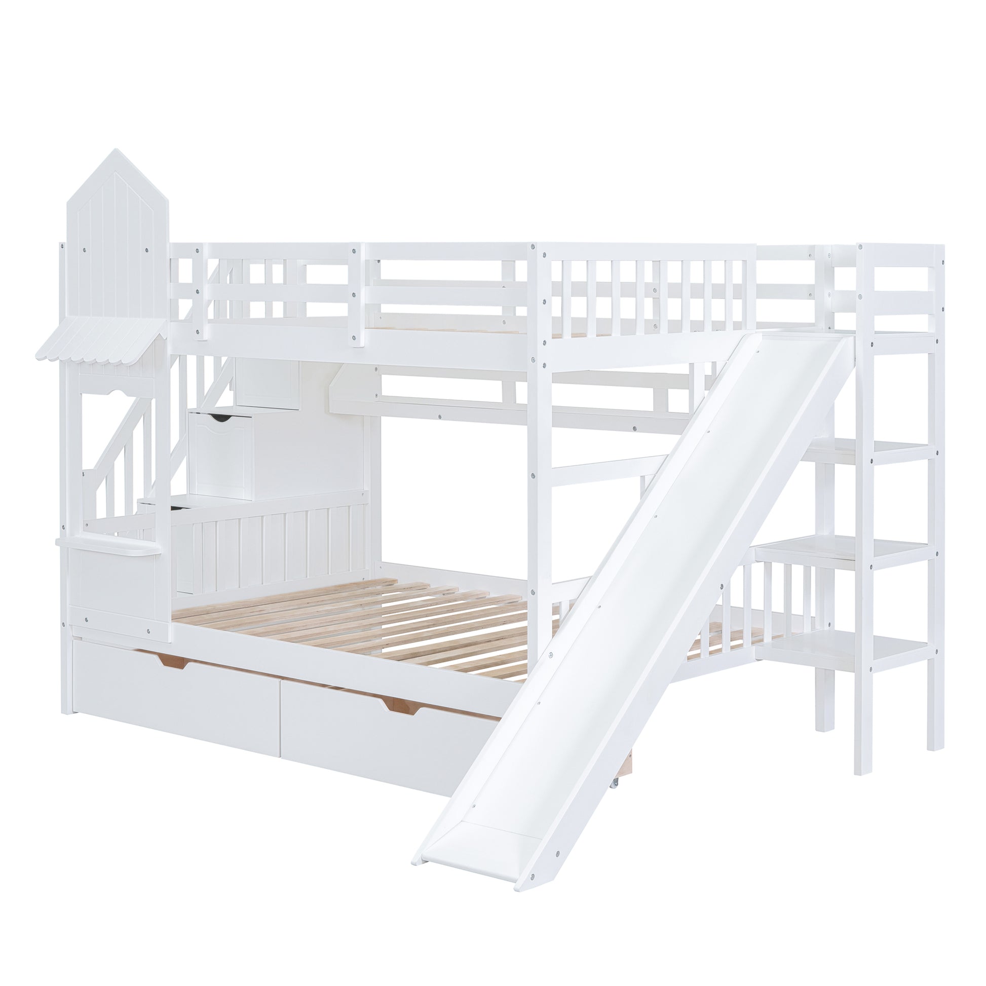 Full Over Full Castle Style Bunk Bed With 2 Drawers 3 Shelves And Slide White White Solid Wood