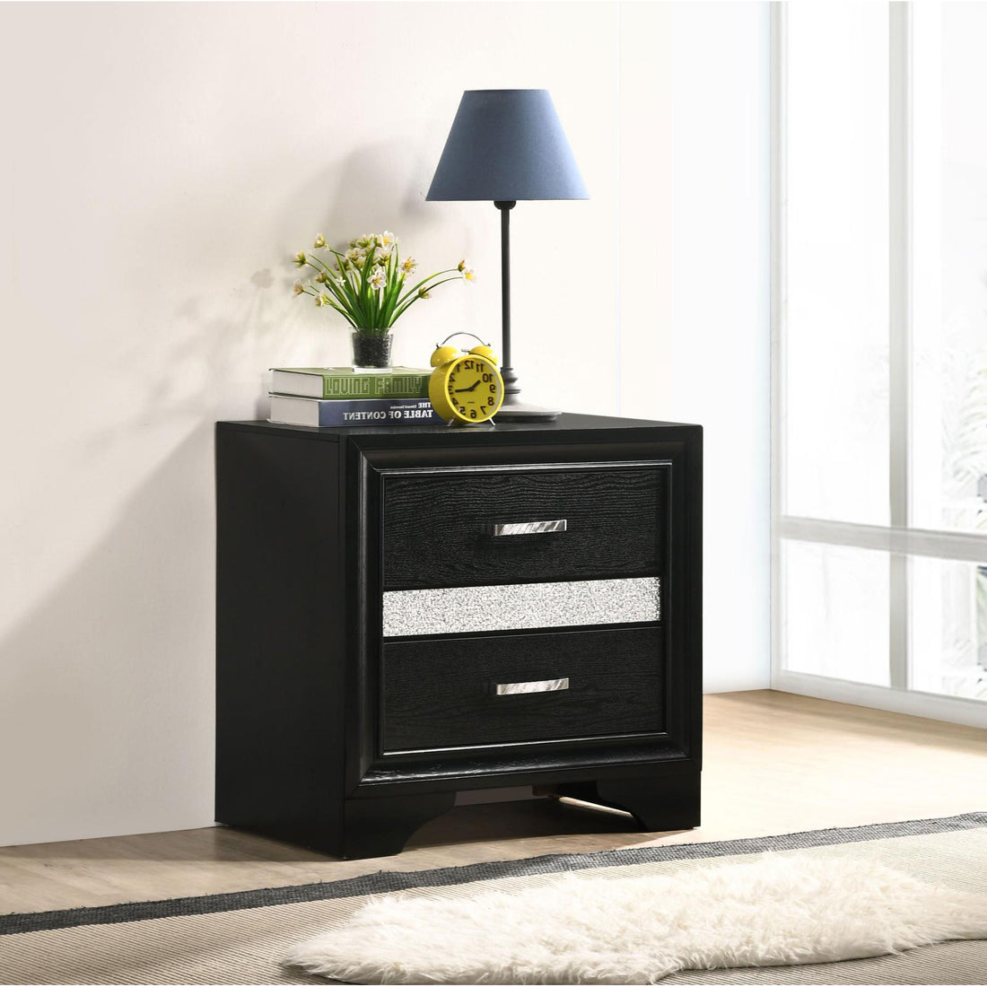 Black 2 Drawer Nightstand With Hidden Jewelry Tray Black 2 Drawers Bedroom Drawer Storage Contemporary,Modern Rubberwood Felt Lined Drawers Black Wood