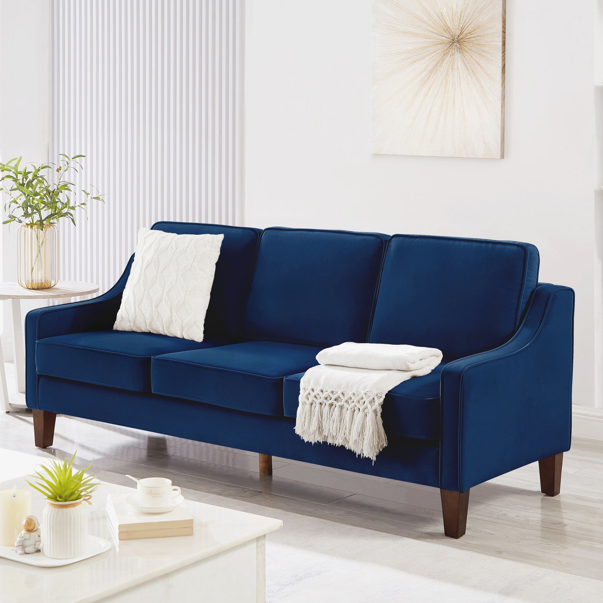Modern 3 Person Seat Sofa Couch With Scooped Armrest Wood Legs,Upholstered Velvet 3 Seat Sofa With Removable Cushions For Livingrooom Bedroom,Navy Navy Espresso Velvet Wood Primary Living Space Medium Soft Cushion Back American Design Rubberwood Square