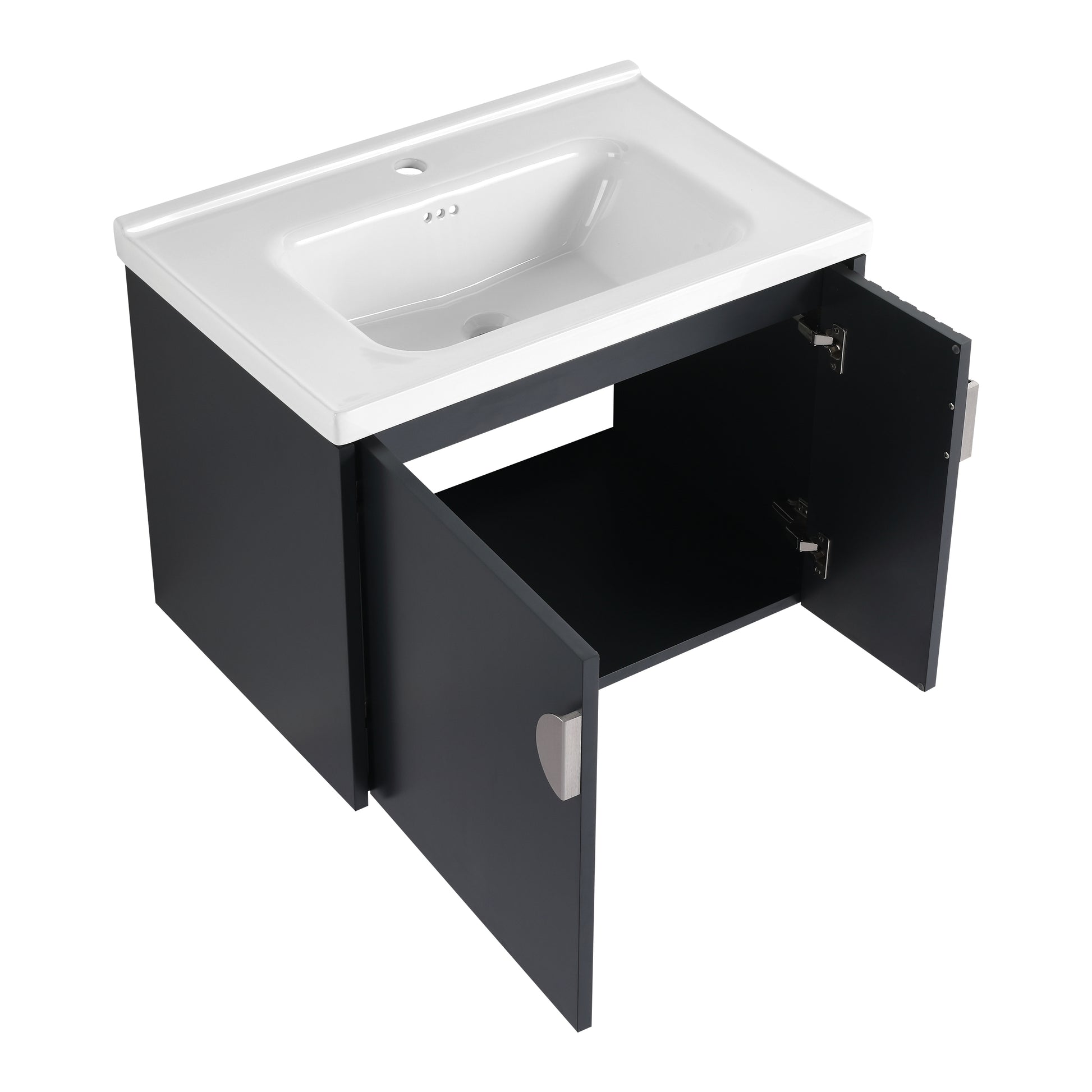 28 Inch Bathroom Vanity With Ceramic Sink, For Small Bathroom, Bathroom Vanity With Soft Close Door Black 2 Bathroom Wall Mounted Modern Plywood