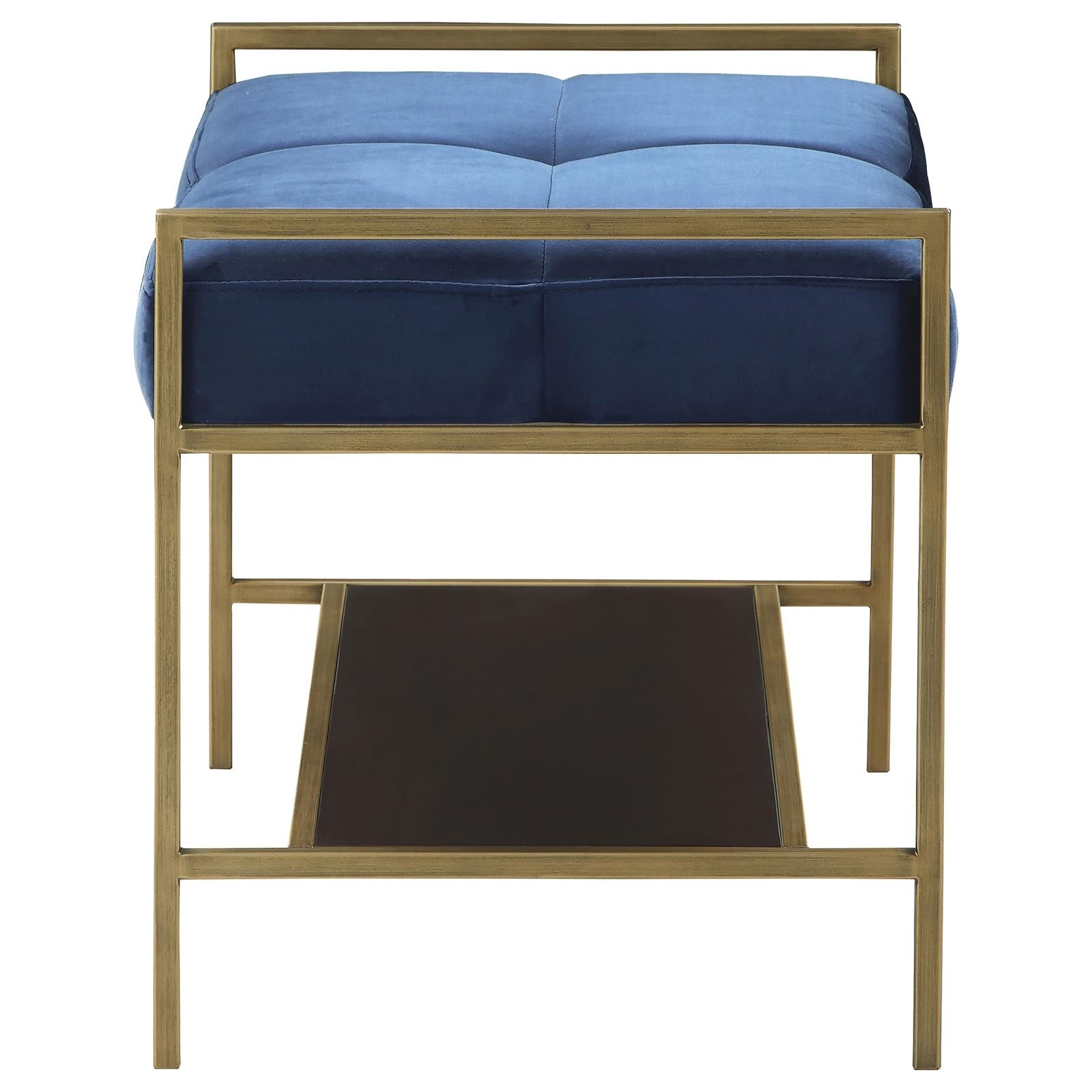 Navy Blue And Gold Upholstered Bench With Bottom Shelf Blue Primary Living Space Velvet Blue Contemporary,Modern Tufted Cushions Shelves Foam Velvet