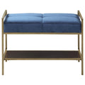 Navy Blue And Gold Upholstered Bench With Bottom Shelf Blue Primary Living Space Velvet Blue Contemporary,Modern Tufted Cushions Shelves Foam Velvet