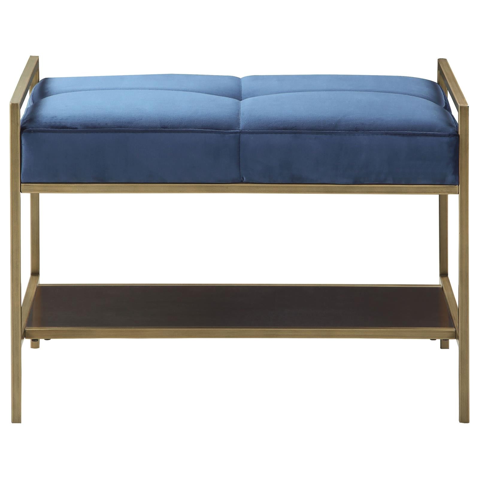 Navy Blue And Gold Upholstered Bench With Bottom Shelf Blue Primary Living Space Velvet Blue Contemporary,Modern Tufted Cushions Shelves Foam Velvet