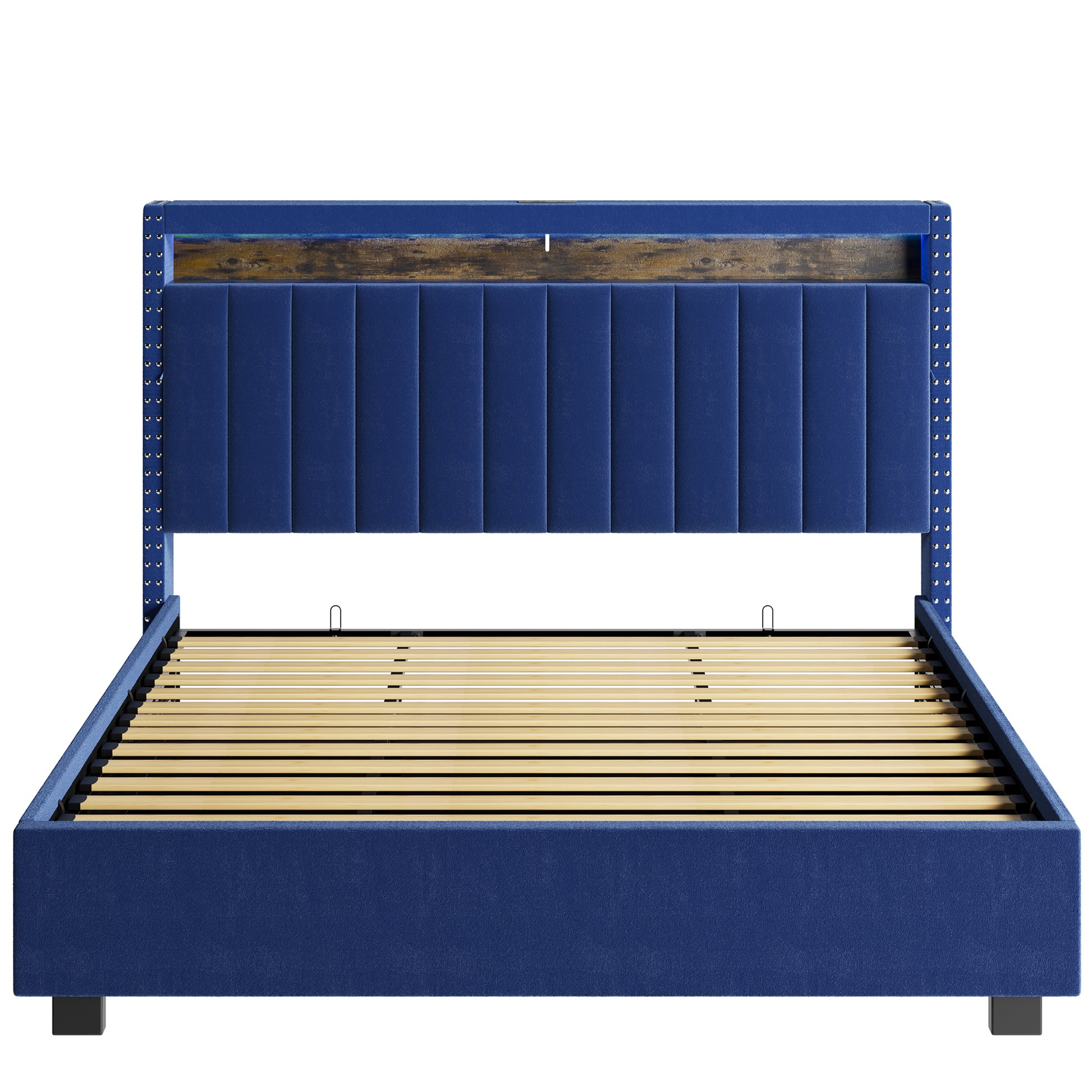 Luxury Gas Lift Storage Bed With Rf Led Lights, Storage Headboard ,Full Size ,Velvet Blue Box Spring Not Required Full Blue Wood Brown Bedroom American Design Poplar Slat Beds Polyurethane Foam Velvet Metal & Wood