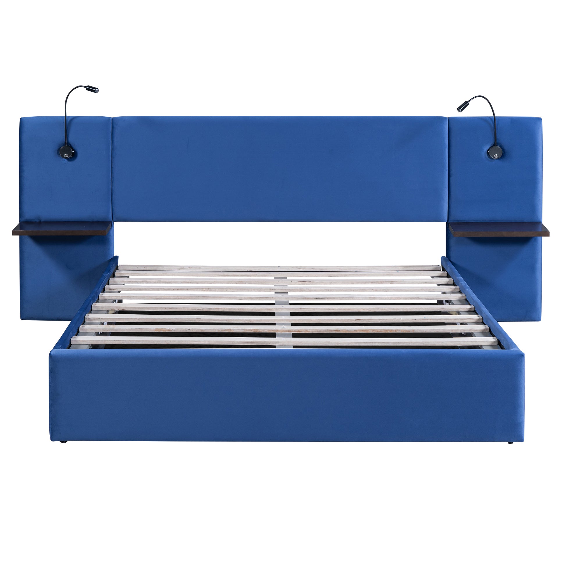 Queen Size Storage Upholstered Hydraulic Platform Bed With 2 Shelves, 2 Lights And Usb, Blue Box Spring Not Required Queen Blue Wood Bedroom Bed Frame Velvet Upholstered