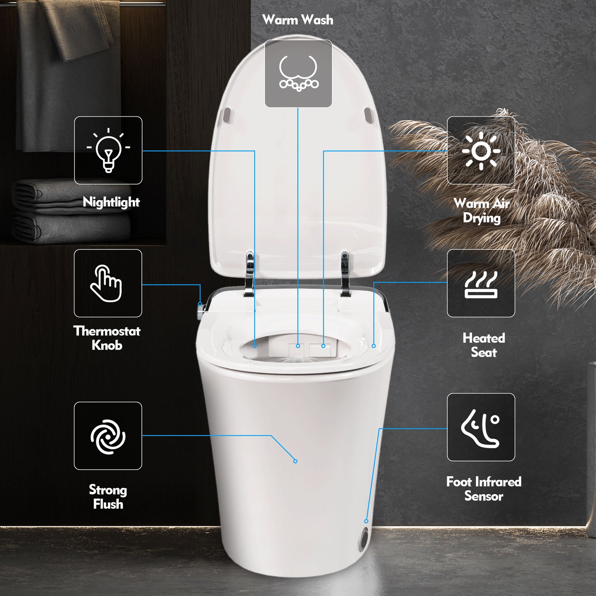 Luxury Smart Toilet With Dryer And Warm Water, Elongated Bidet Toilet With Heated Seat, With Remote Control, Led Night Light, Power Outage Flushing, Soft Close Cover,Whit White Ceramic