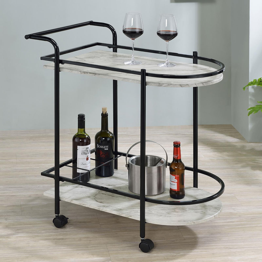Black and Faux White Marble Serving Cart with