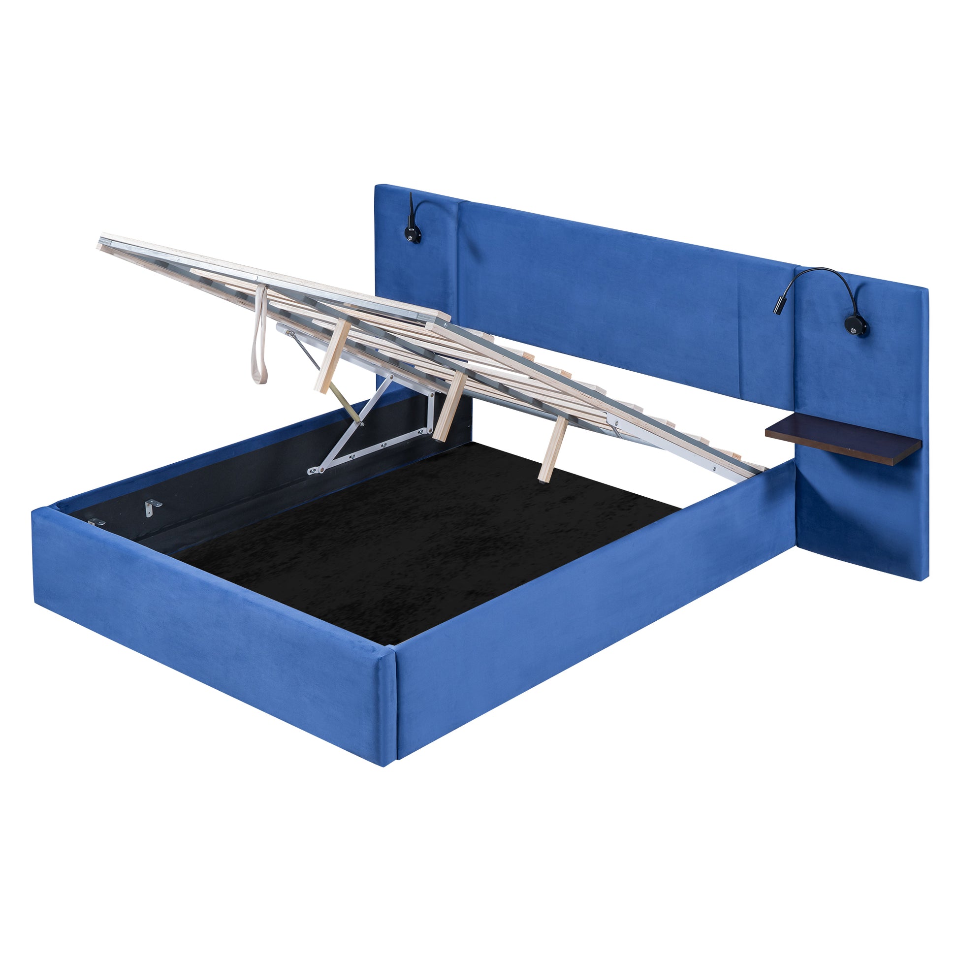 Full Size Storage Upholstered Hydraulic Platform Bed With 2 Shelves, 2 Lights And Usb, Blue Box Spring Not Required Full Blue Wood Bedroom Bed Frame Velvet Upholstered