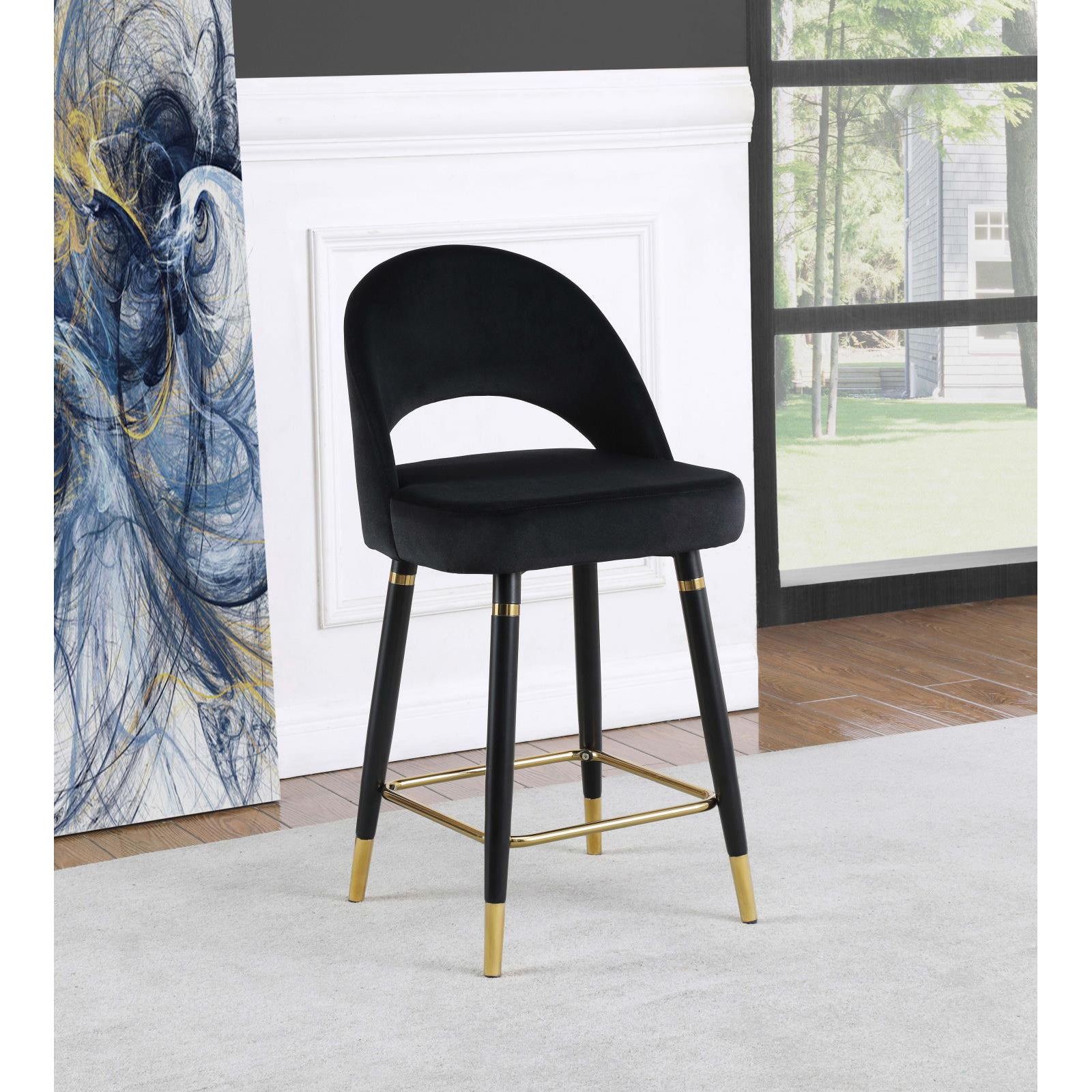 Black Open Back Counter Height Stools Set Of 2 Solid Black Dining Room Foam Glam Open Back Foam Velvet