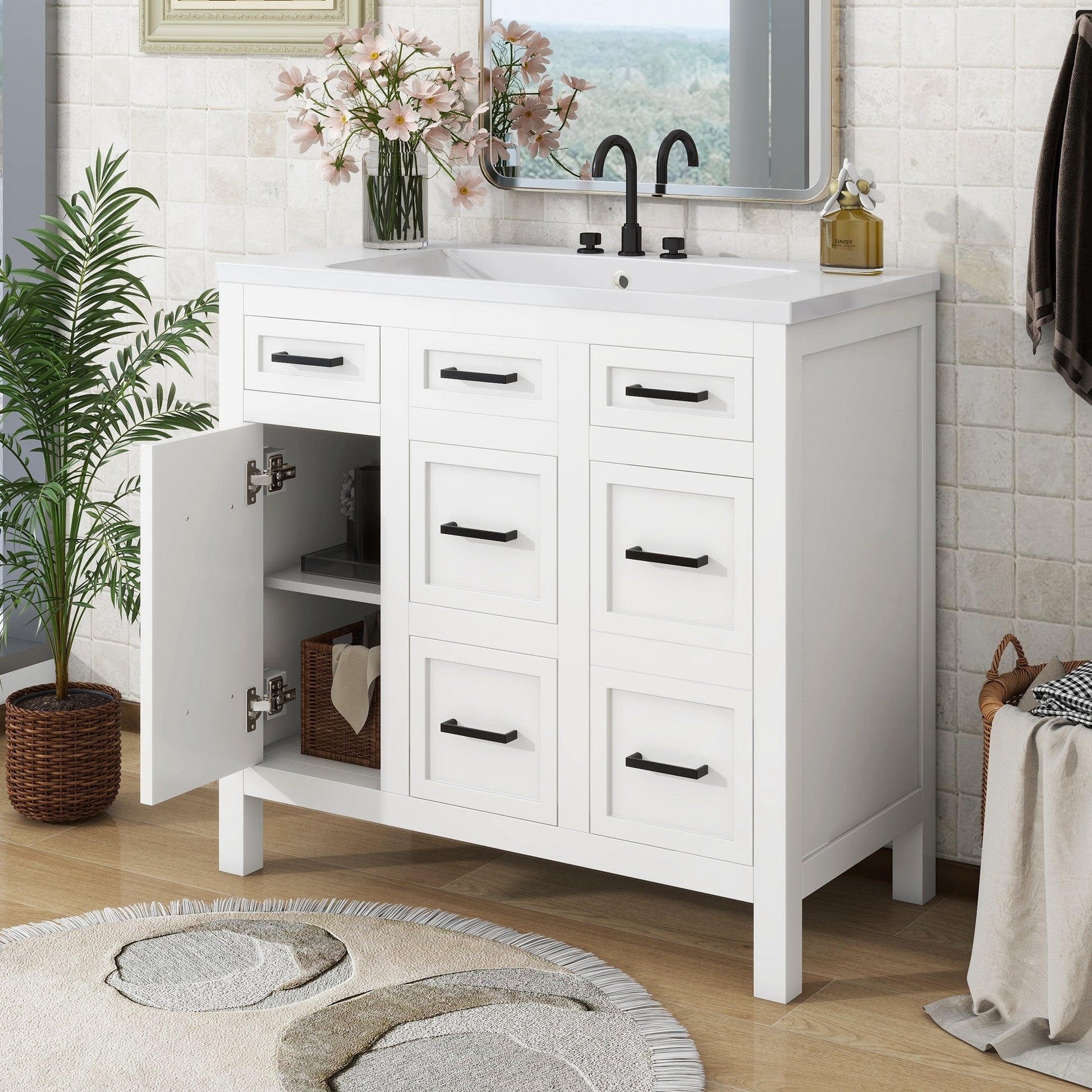 36" Bathroom Vanity Cabinet With Resin Integrated Sink 4 Drawers, 2 Doors White Solid Wood Mdf Resin