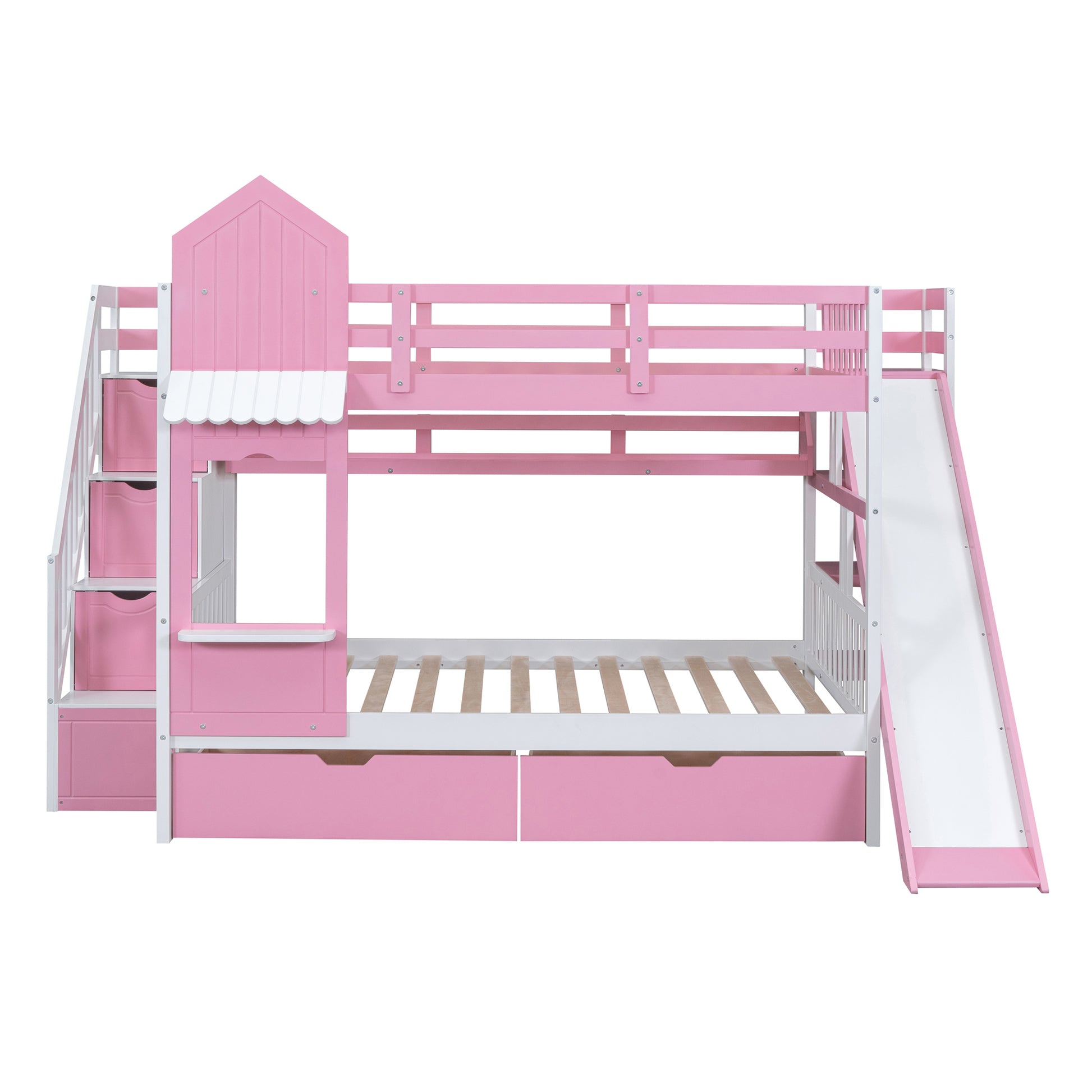 Full Over Full Castle Style Bunk Bed With 2 Drawers 3 Shelves And Slide Pink Pink Solid Wood