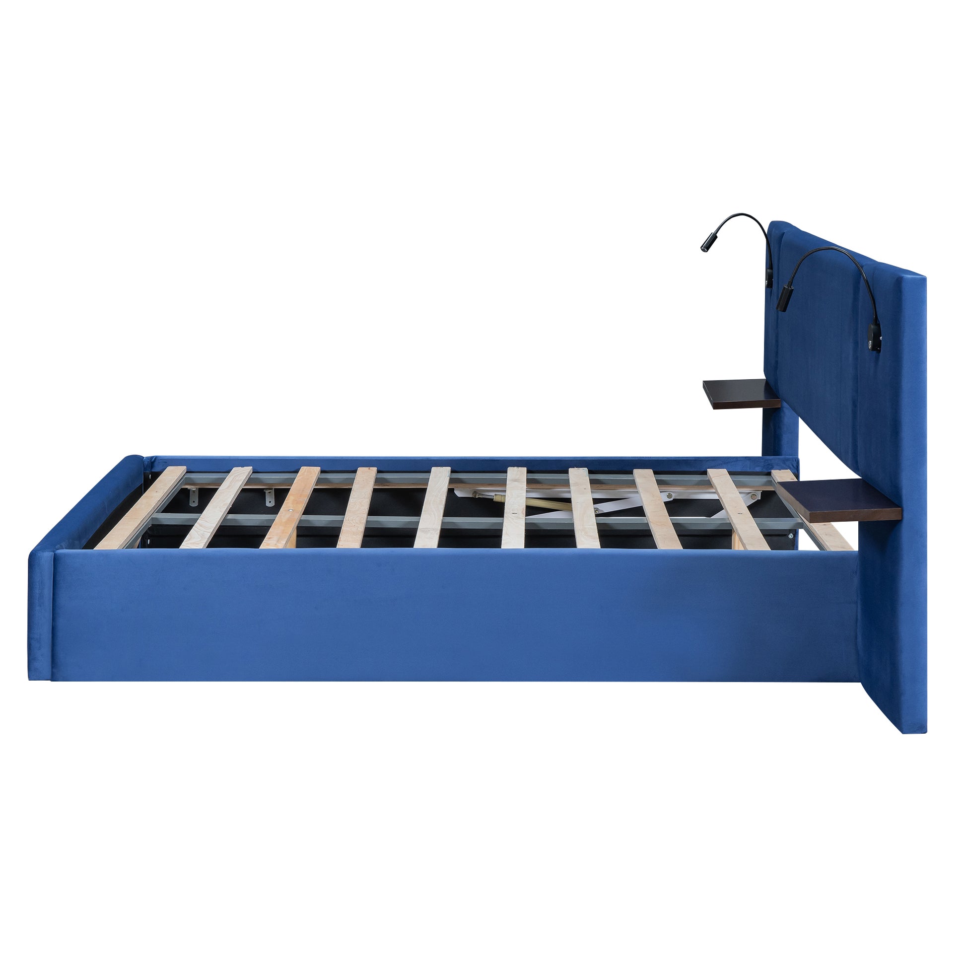 Full Size Storage Upholstered Hydraulic Platform Bed With 2 Shelves, 2 Lights And Usb, Blue Box Spring Not Required Full Blue Wood Bedroom Bed Frame Velvet Upholstered