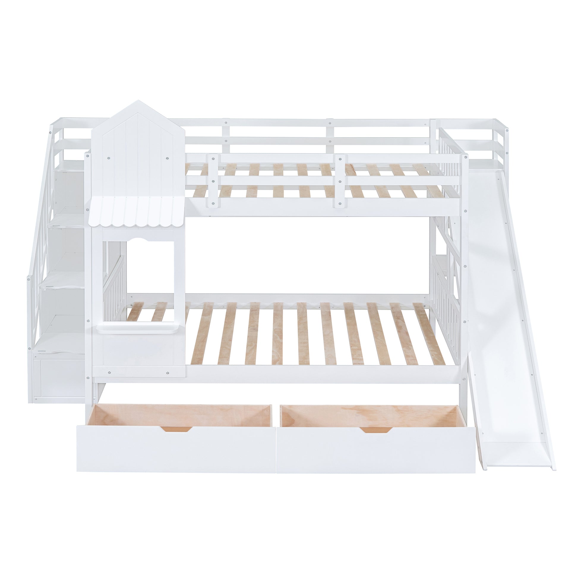 Full Over Full Castle Style Bunk Bed With 2 Drawers 3 Shelves And Slide White White Solid Wood