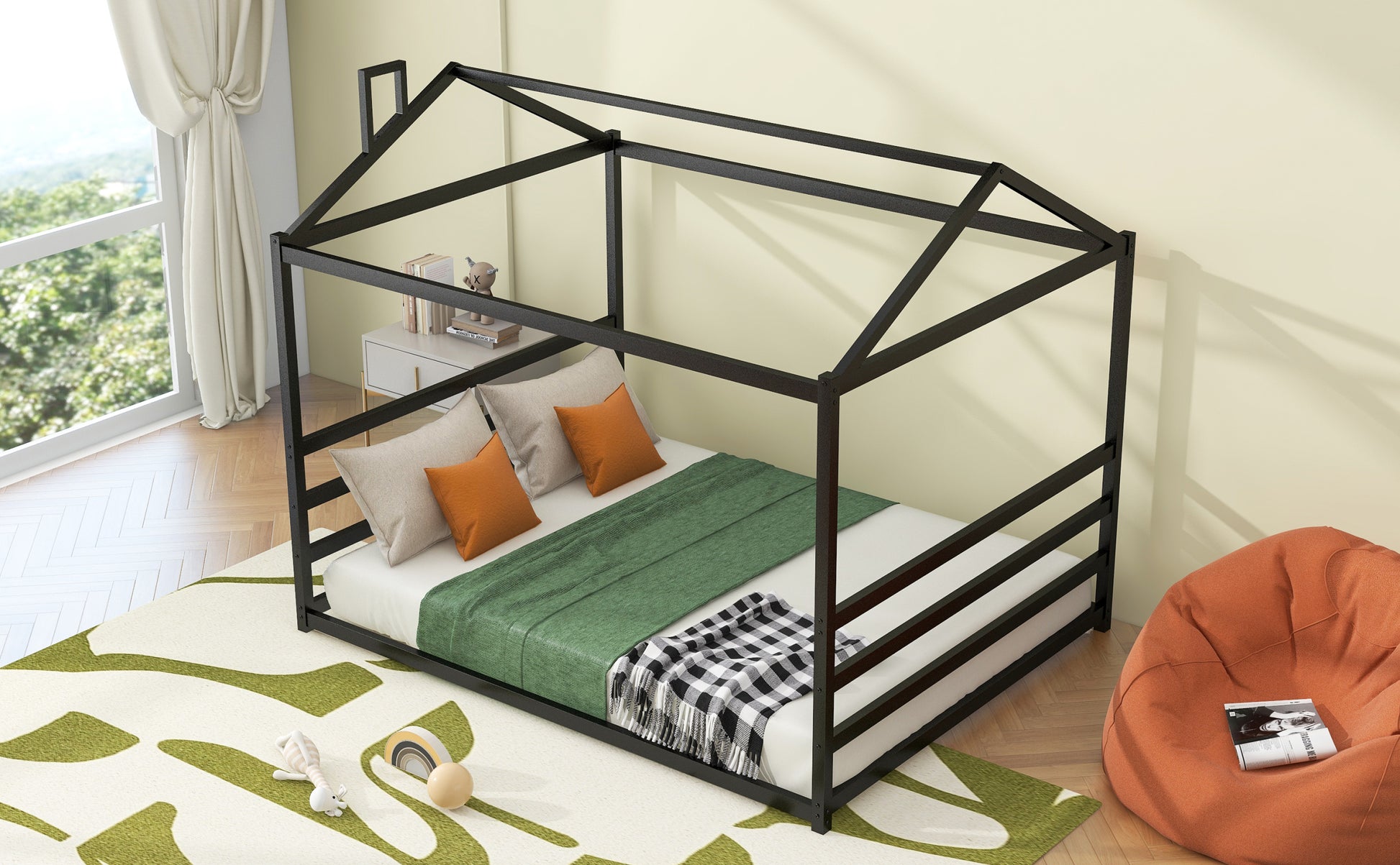 Metal House Shape Platform Bed, Black, Queen Queen Black Metal