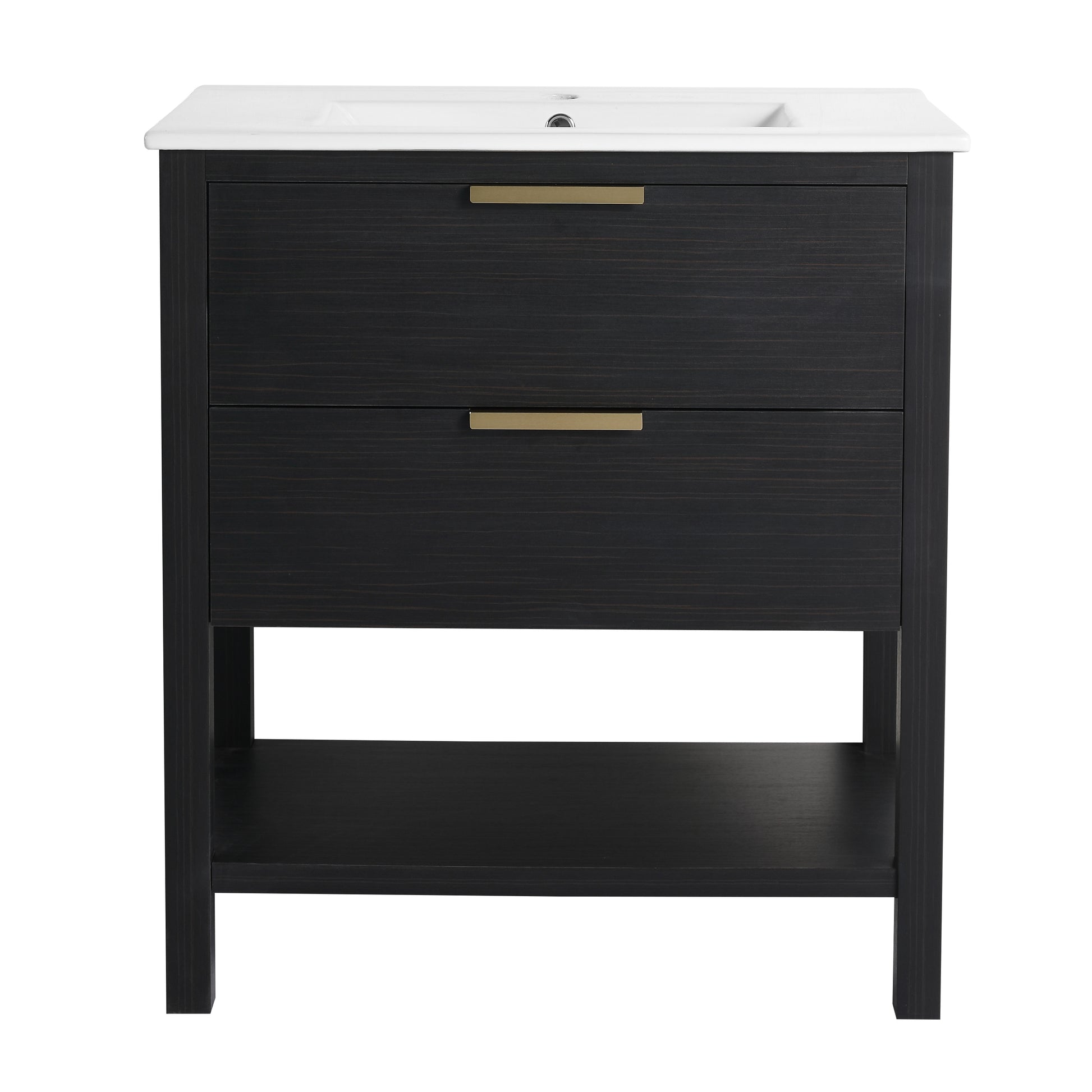30 Inch Bathroom Vanity With Sink And 2 Soft Close Drawers, Golden Handle Bvb01030Bctg Bl9075B Black Chestnut Bathroom Modern Plywood