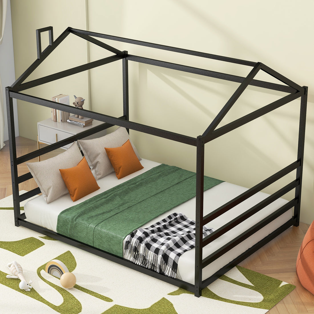 Metal House Shape Platform Bed, Black, Queen Queen Black Metal