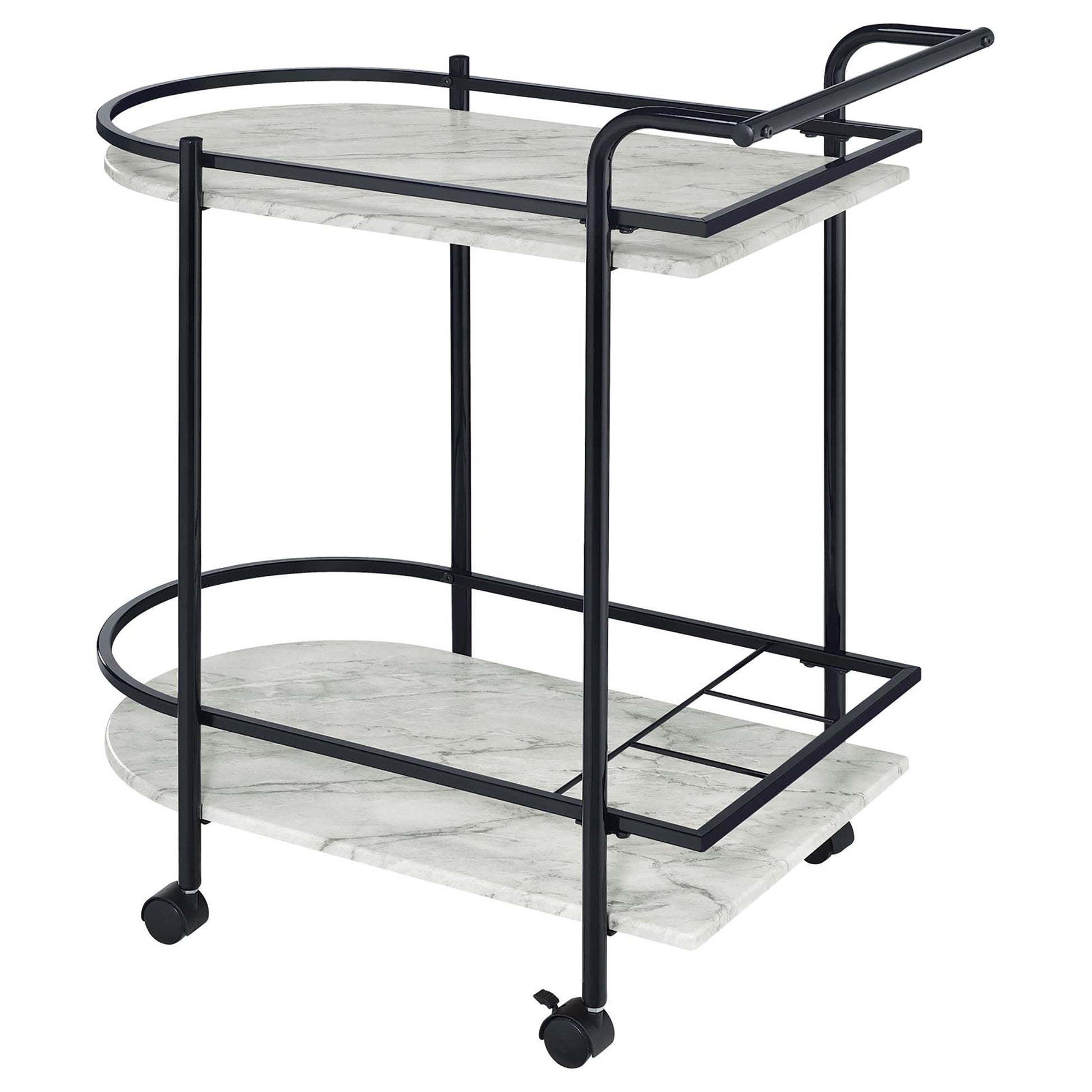 Black And Faux White Marble Serving Cart With Wine Rack Black Gray Dining Room Contemporary,Modern Kitchen Carts Metal Small Less Than 40In