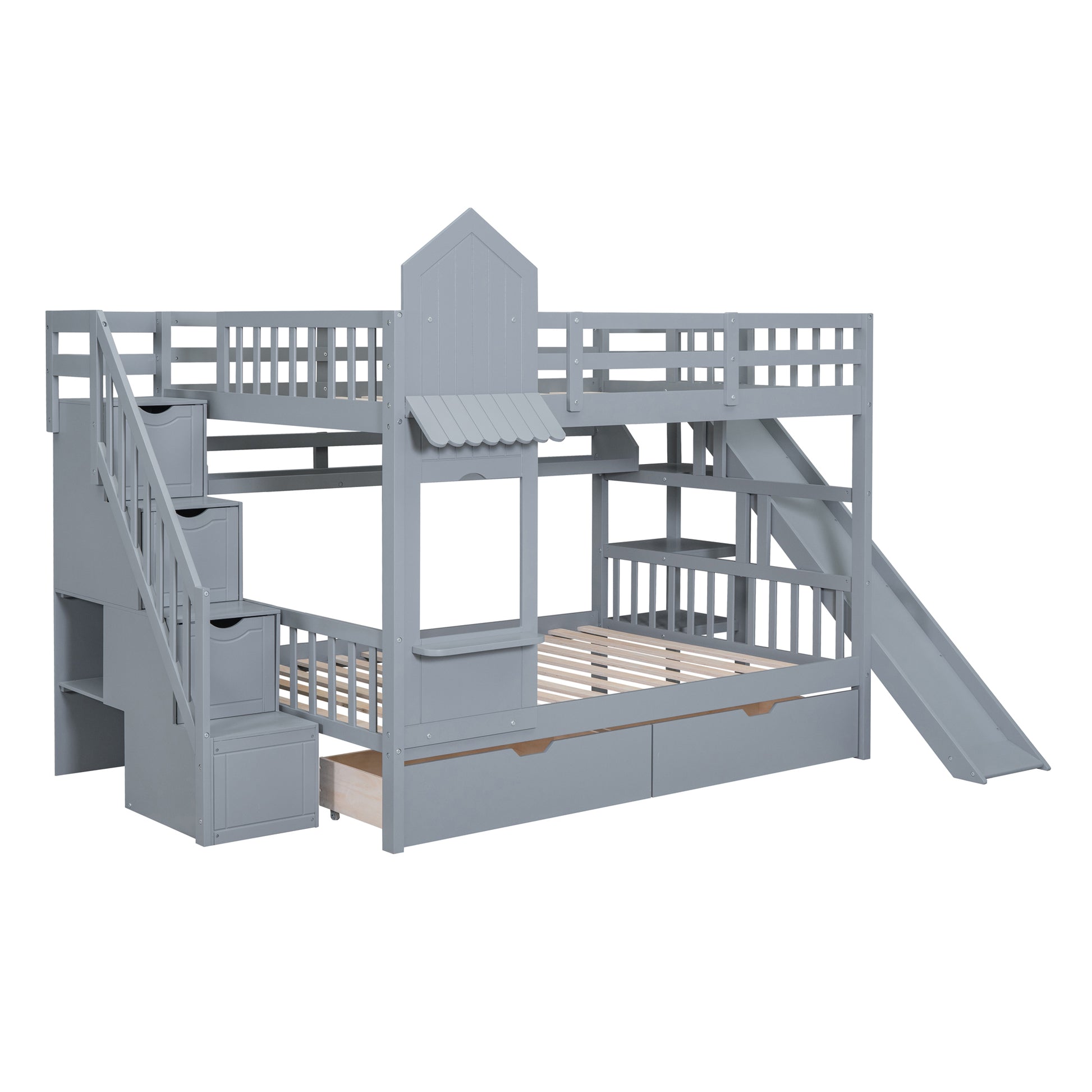 Full Over Full Castle Style Bunk Bed With 2 Drawers 3 Shelves And Slide Gray Gray Solid Wood