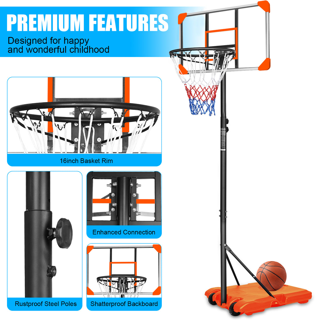 Portable Basketball Goal System With Stable Base And Wheels, Use For Indoor Outdoor Teenagers Youth Height Adjustable 5.6 To 7Ft Basketball Hoop 28 Inch Backboard Orange Sporty Iron