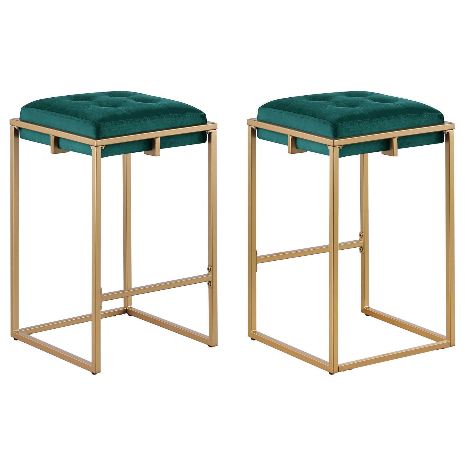 Hunter Green And Gold Counter Height Stools Set Of 2 Solid Green Dining Room Foam Spot Clean Square Contemporary,Modern Bar Stools Foam Velvet