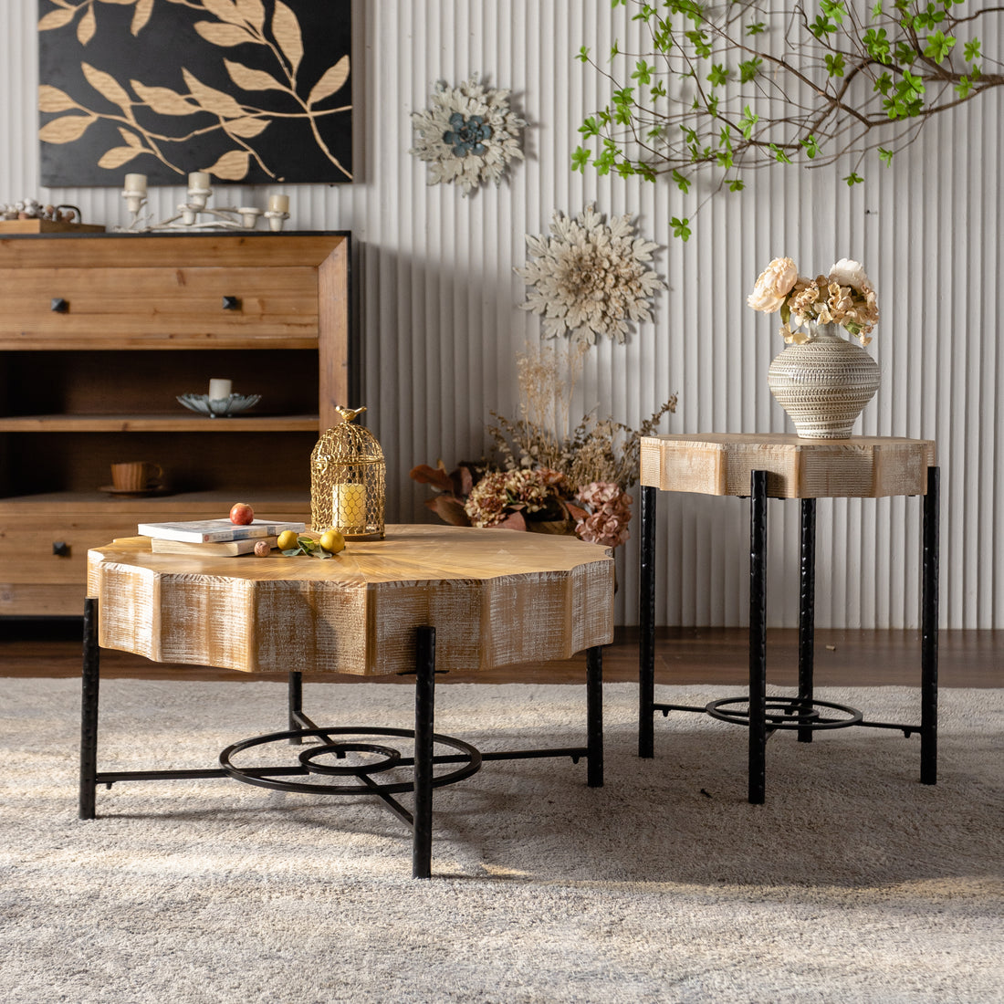 31.5 "Vintage Patchwork Lace Shape Coffee Table With Natural Pine Grain Table Top And Dimpled Metal Cross Legs, Cedar Coffee Table Set Set Of 2 Natural Black Wood Metal