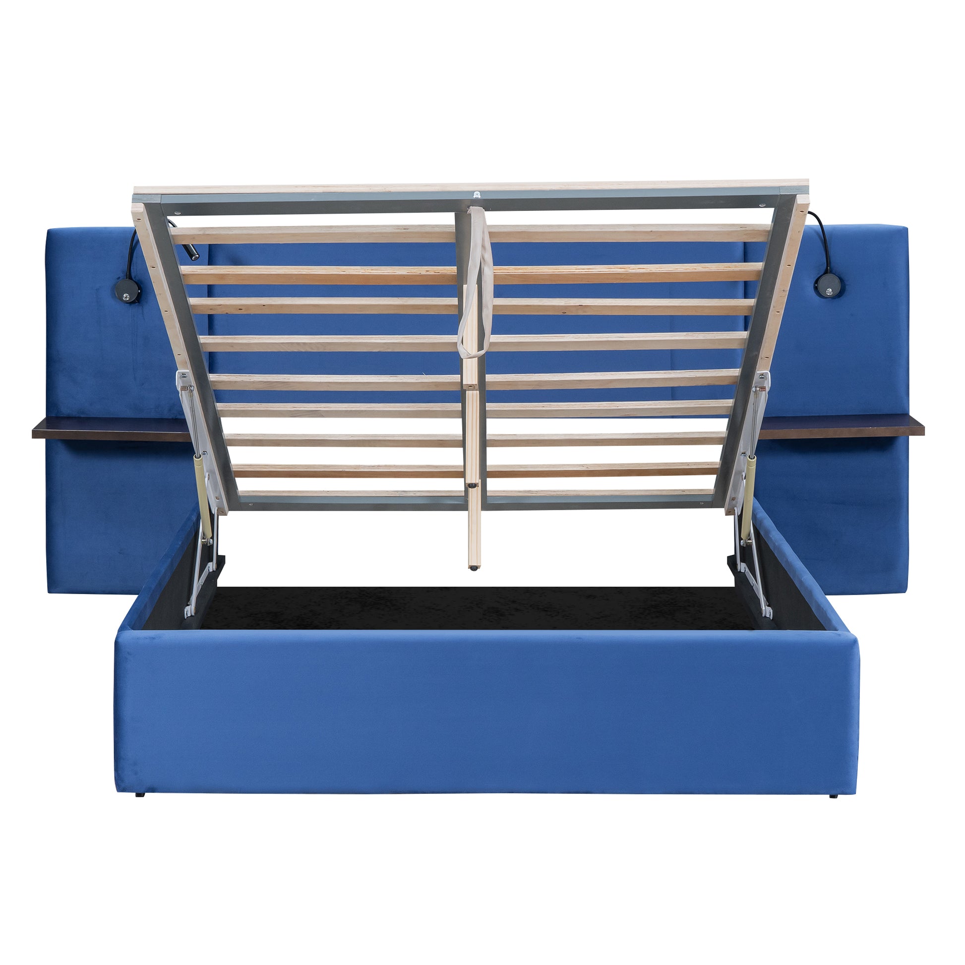 Full Size Storage Upholstered Hydraulic Platform Bed With 2 Shelves, 2 Lights And Usb, Blue Box Spring Not Required Full Blue Wood Bedroom Bed Frame Velvet Upholstered