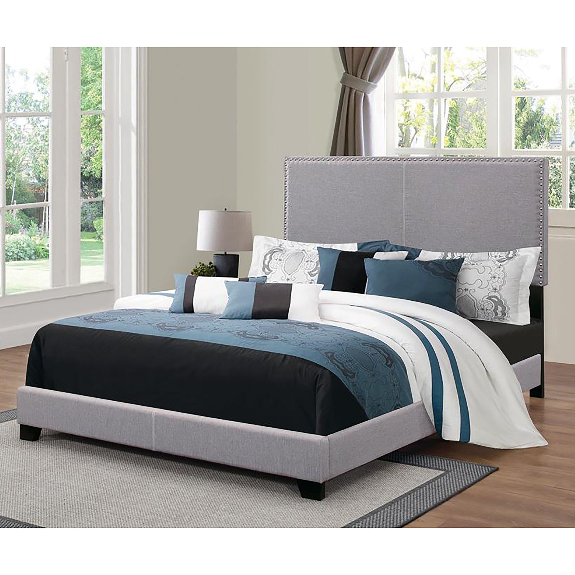 Grey Upholstered Queen Bed With Trim Queen Box Spring Required Grey Wood Bedroom Transitional Rubberwood Panel Foam Fabric