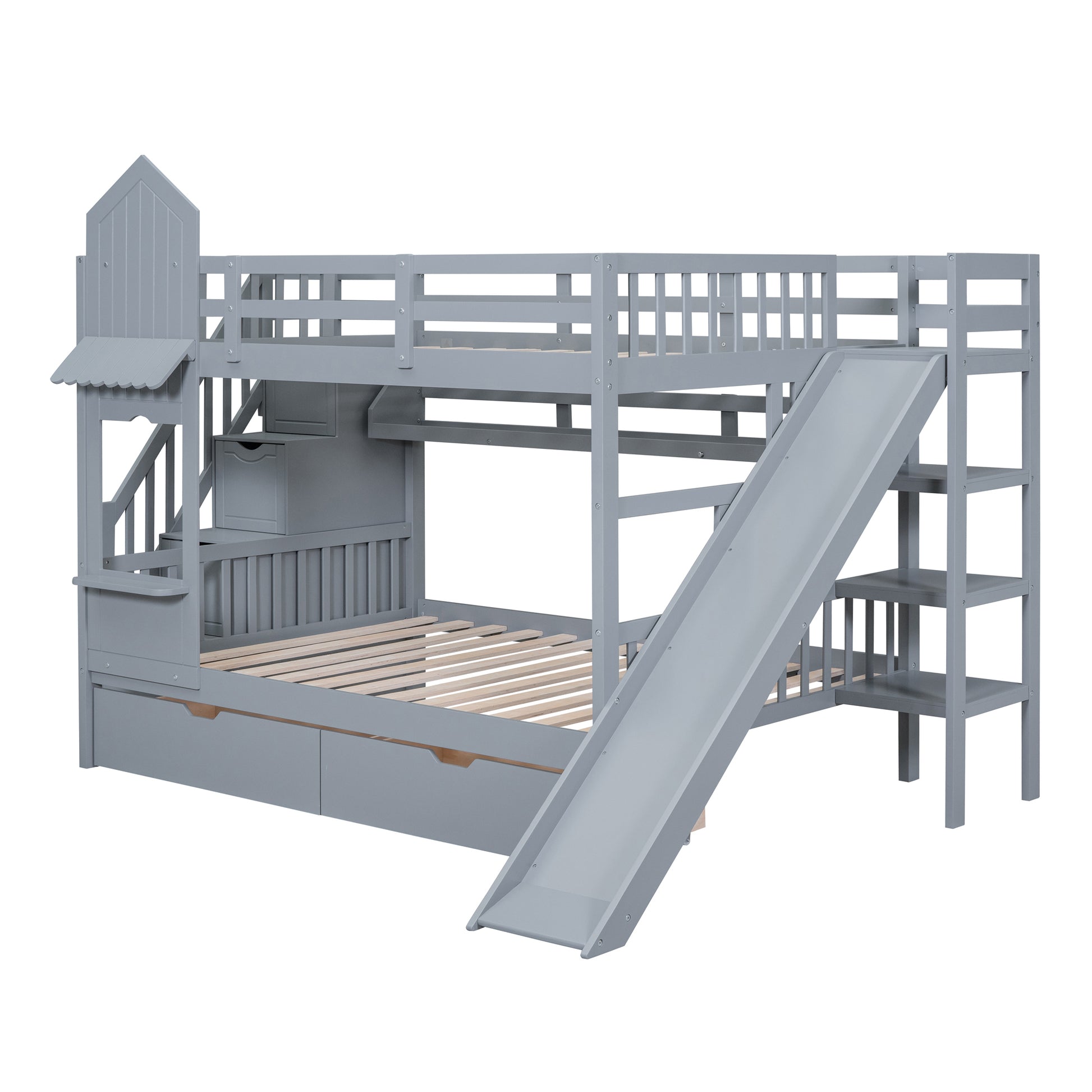 Full Over Full Castle Style Bunk Bed With 2 Drawers 3 Shelves And Slide Gray Gray Solid Wood