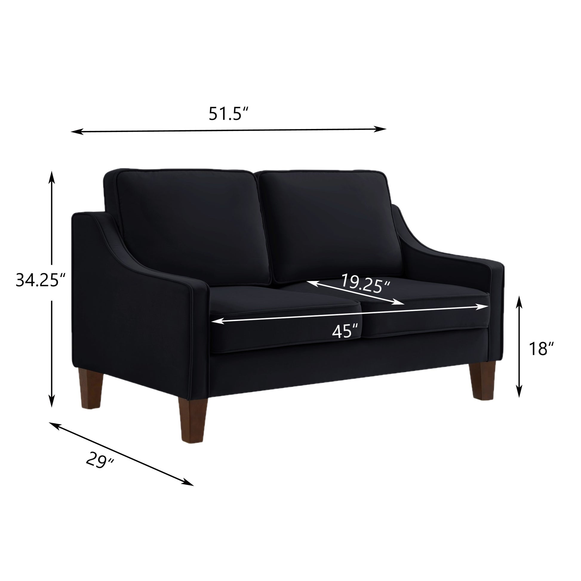 Modern Loveseat Sofa For Living Room, Upholstered Velvet Small Couch With Wooden Legs For Livingroom Bedroom, Black Black Espresso Velvet Wood Primary Living Space Medium Soft Cushion Back American Design Rubberwood Square Arms Foam Velvet 2 Seat
