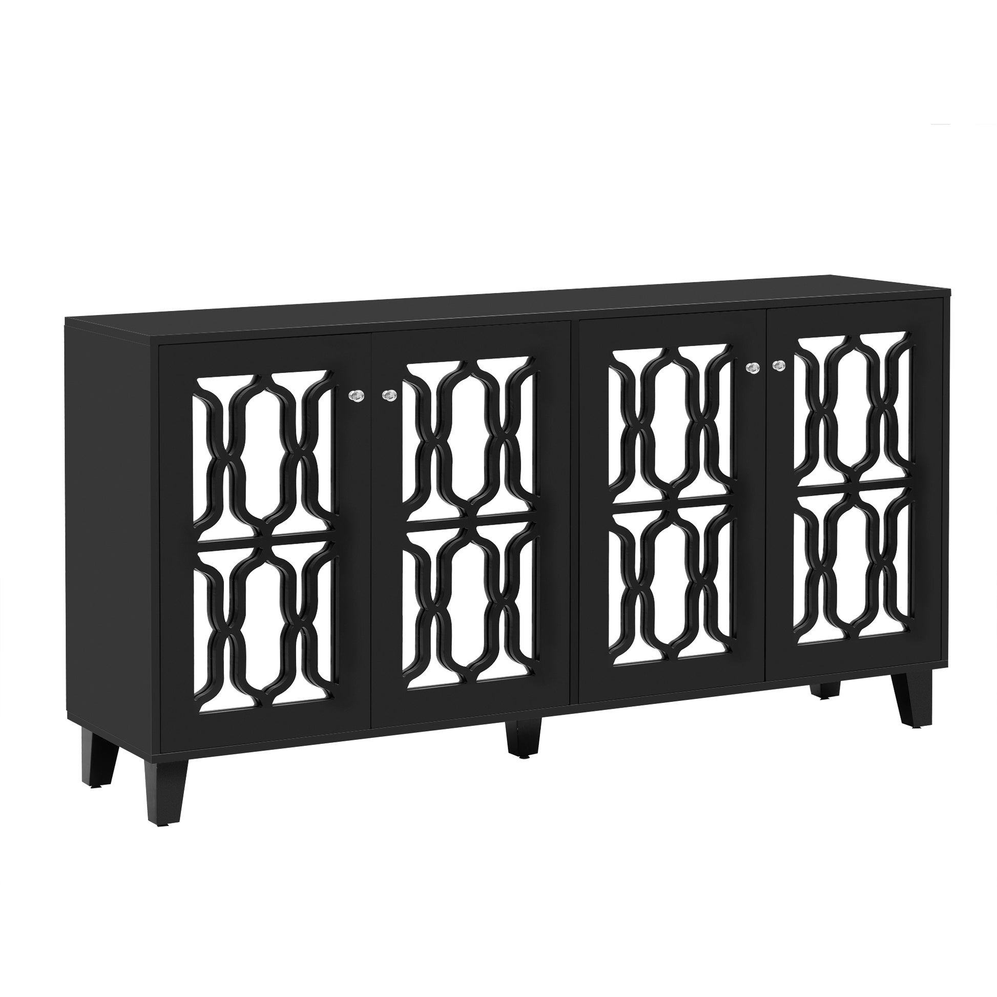 Buffet Cabinet With Adjustable Shelves, 4 Door Mirror Hollow Carved Tv Stand For Tvs Up To 70'', Multi Functional Console Table With Storage Credenza Accent Cabinet For Living Room, Black 3 4 Spaces Black Primary Living Space Adjustable Shelves Mdf