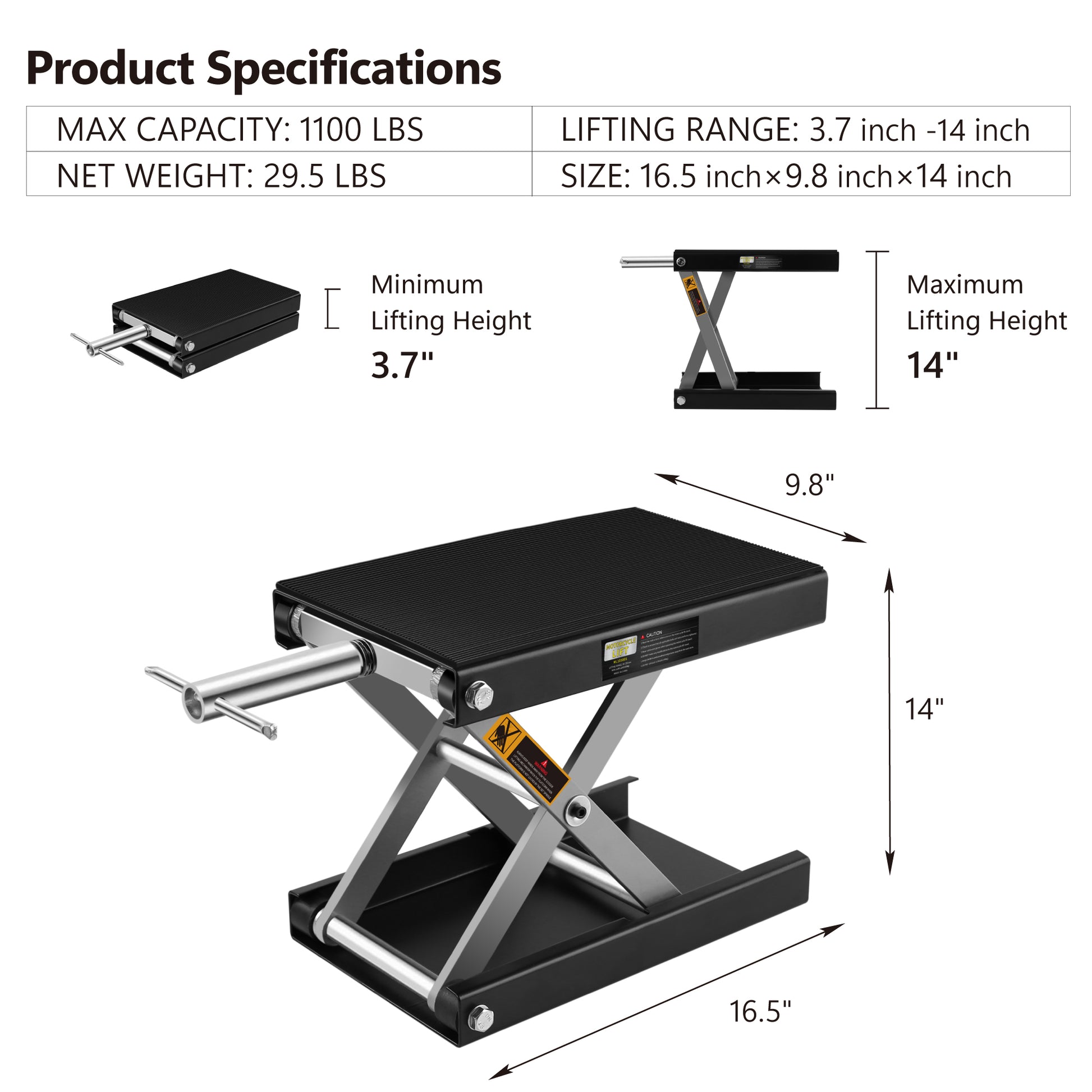 Motorcycle Lift, 3.7 14 Inch Motorcycle Scissor Jack, 1100Lb Capacity Wide Deck Motorcycle Center Stand And 1 2 Ton Scissor Lift Jack For Street Bikes Cruisers Touring Motorcycles More Black And Silver Steel