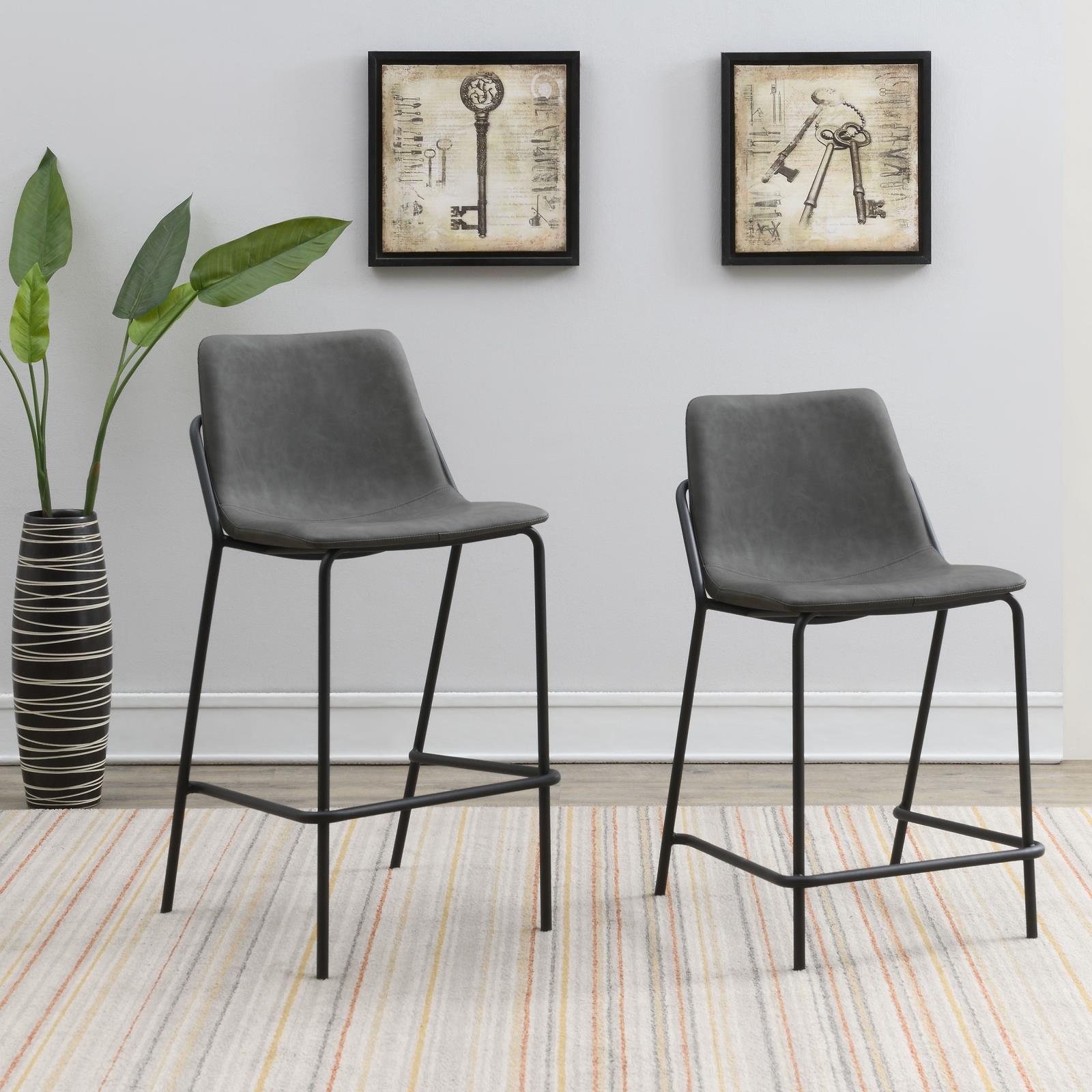 Grey And Black Bar Stools Set Of 2 With Footrest Solid Grey Dining Room Foam Spot Clean Industrial Bar Stools Solid Back Foam Faux Leather