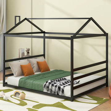 Metal House Shape Platform Bed, Black, Queen Queen Black Metal