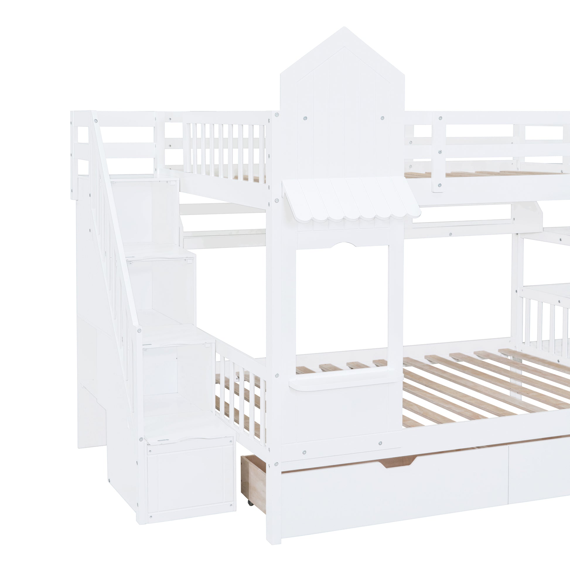 Full Over Full Castle Style Bunk Bed With 2 Drawers 3 Shelves And Slide White White Solid Wood