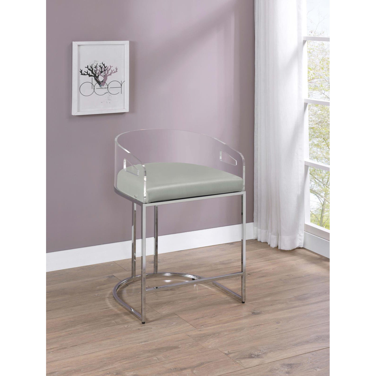 Grey And Chrome Acrylic Back Stools Set Of 2 Solid Grey Dining Room Foam Spot Clean Contemporary,Modern Bar Stools Solid Back Foam Faux Leather