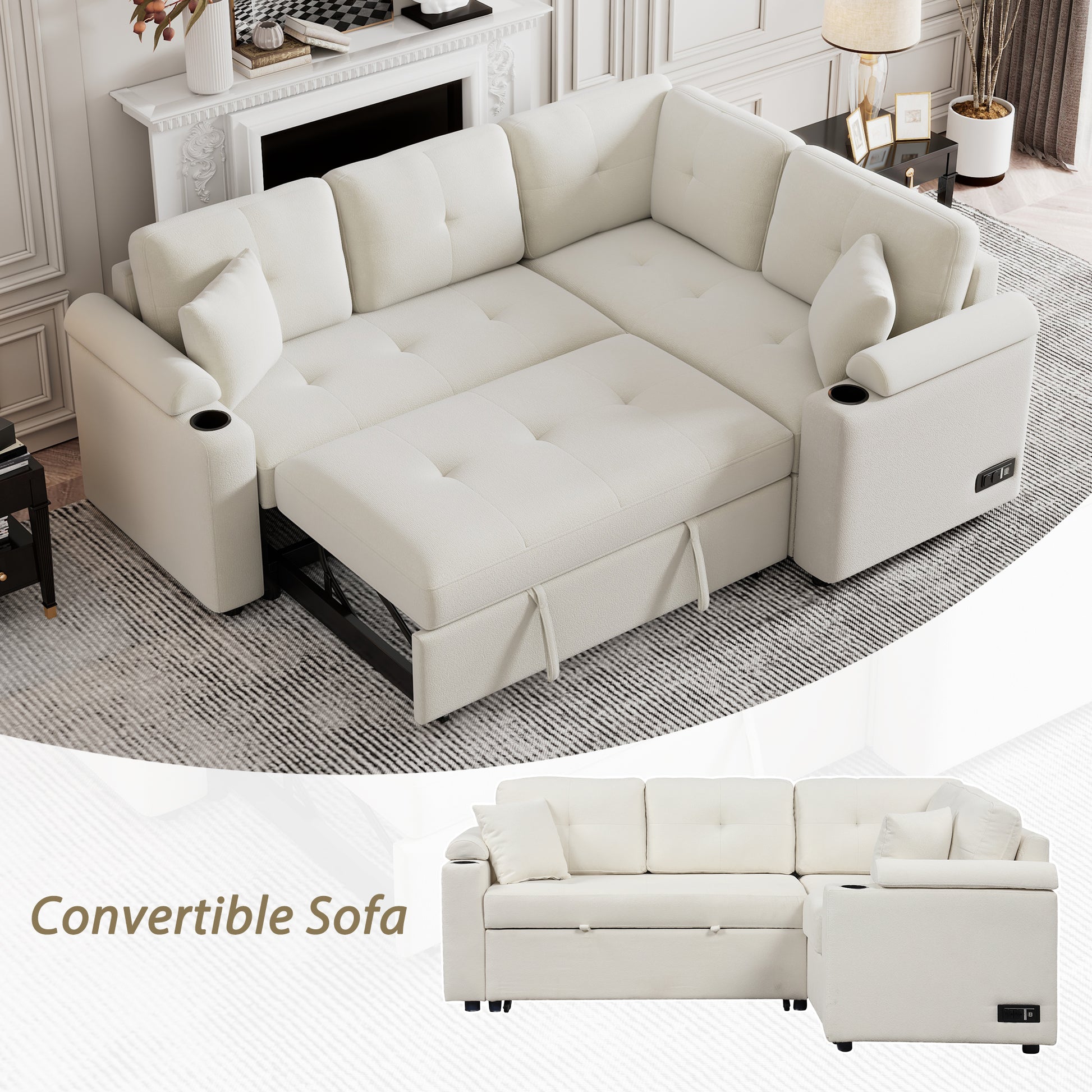 83" L Shape Sofa Bed Pull Out Sleeper Sofa With Wheels, Usb Ports, Power Sockets For Living Room, Beige Beige Foam Boucle 3 Seat