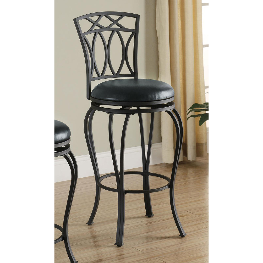 Black Swivel Bar Stool With Upholstered Seat Solid Black Dining Room Spot Clean Traditional Bar Stools Open Back Metal