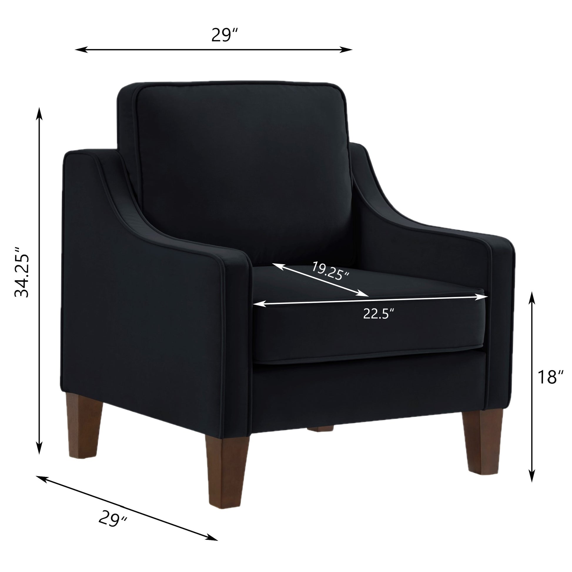Modern Armchair, Living Room Single Seat Sofa Chair With Wooden Legs, Upholstered Velvet Accent Chair For Living Room, Bedroom,Black Black Espresso Velvet Wood Primary Living Space Medium Soft Cushion Back American Design Rubberwood Square Arms Foam
