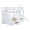 Full Over Full Castle Style Bunk Bed With 2 Drawers 3 Shelves And Slide White White Solid Wood