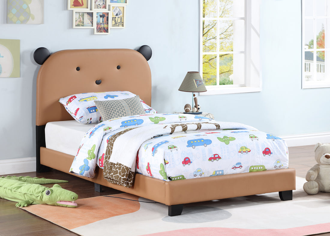 Upholstered Twin Size Platform Bed For Kids, Wooden Bed Frame With Slatted Bed Base, No Box Spring Needed, Cute Bed Frame With Bear Design Headboard For Girls Boys Teens, Brown Box Spring Not Required Twin Brown Wood Kids Faux Leather Acacia Wood