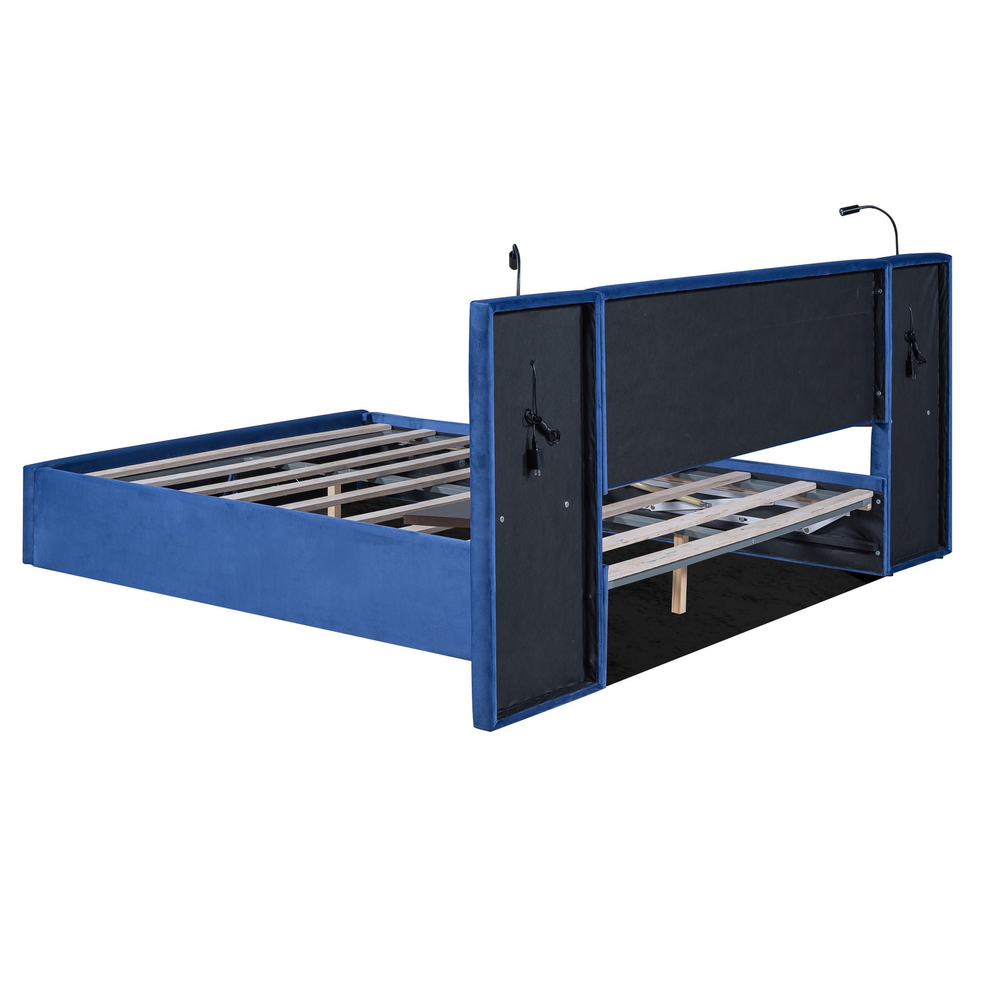 Queen Size Storage Upholstered Hydraulic Platform Bed With 2 Shelves, 2 Lights And Usb, Blue Box Spring Not Required Queen Blue Wood Bedroom Bed Frame Velvet Upholstered