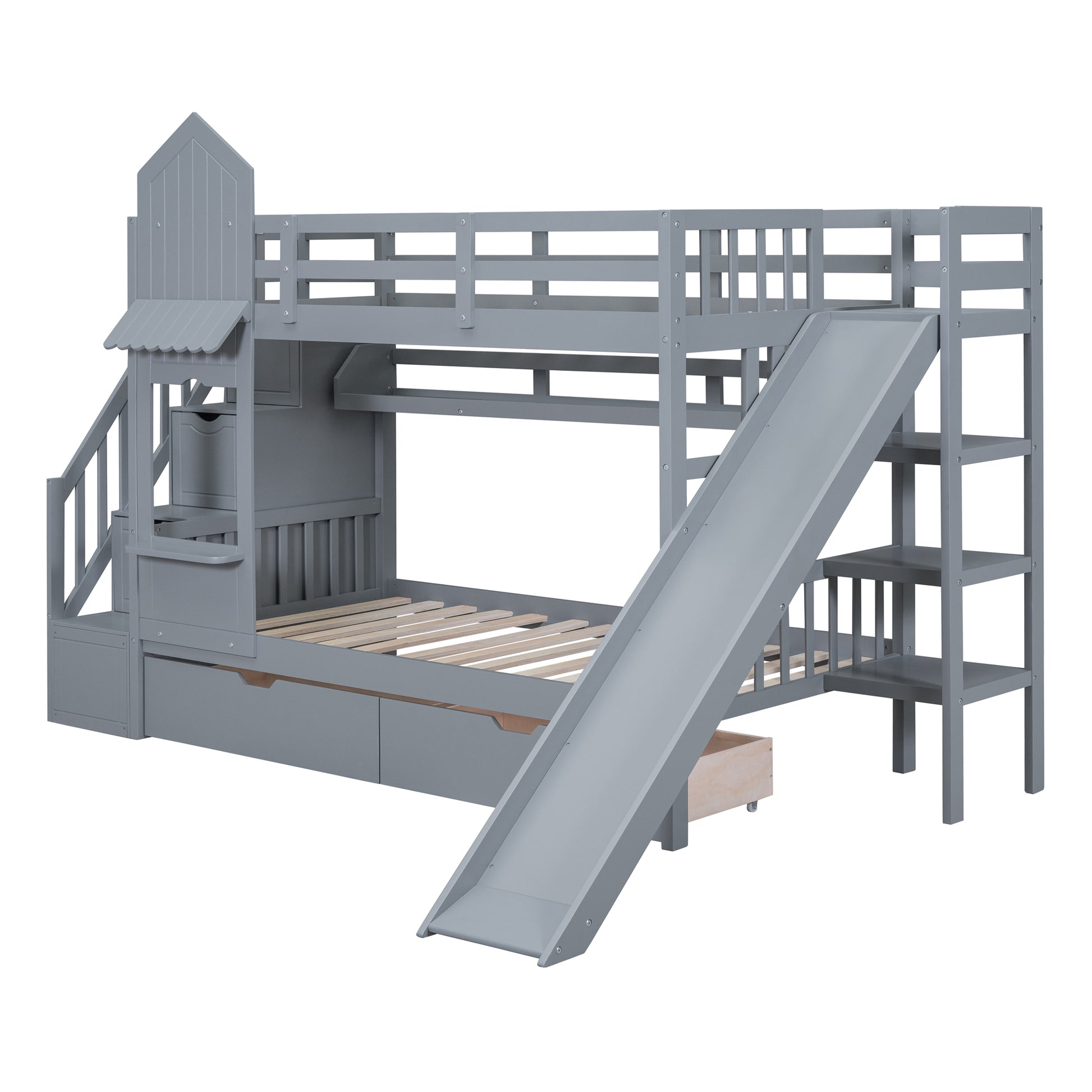 Twin Over Twin Castle Style Bunk Bed With 2 Drawers 3 Shelves And Slide Gray Gray Solid Wood